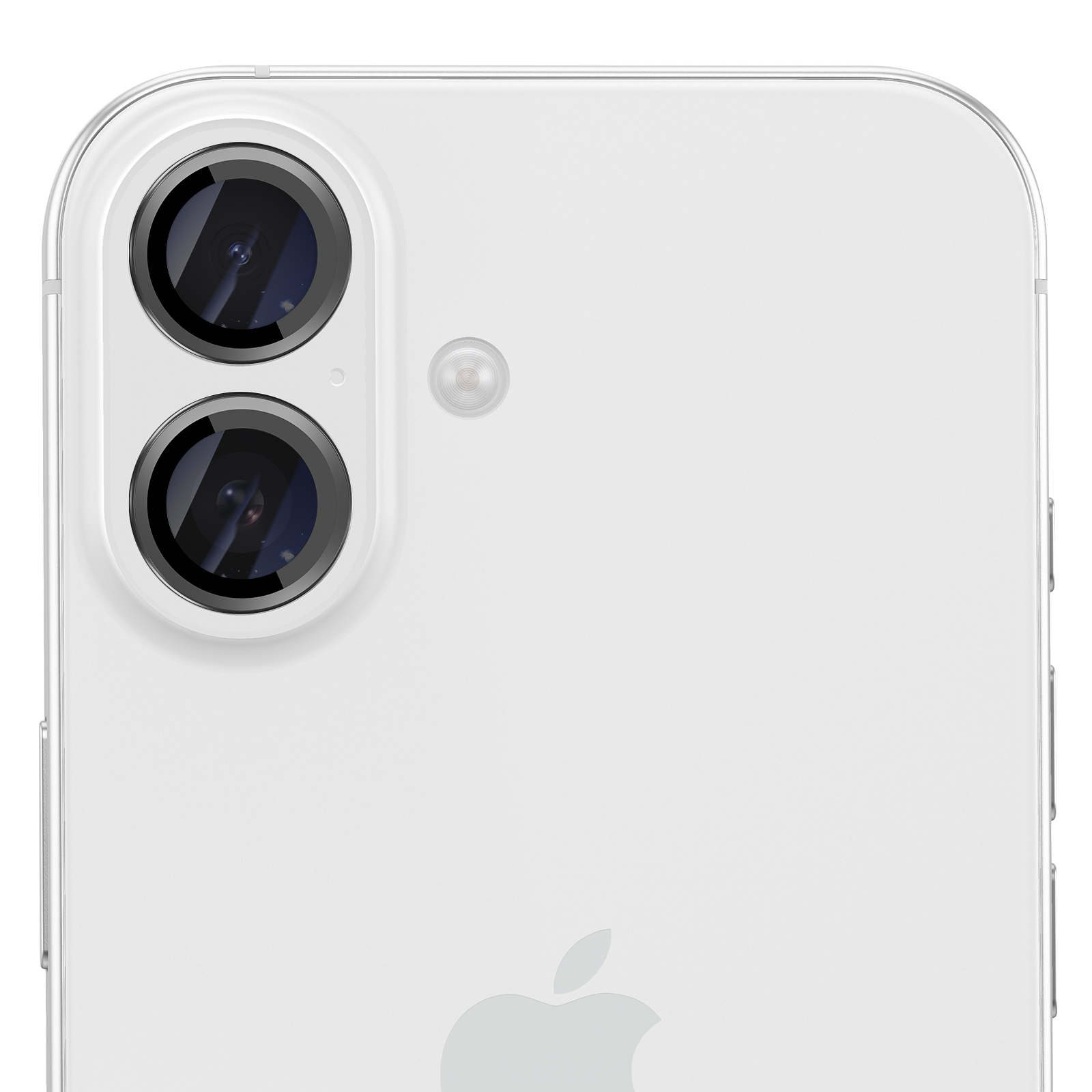 Parte trasera de un smartphone blanco con dos lentes de cámara verticales y el logotipo de Apple.