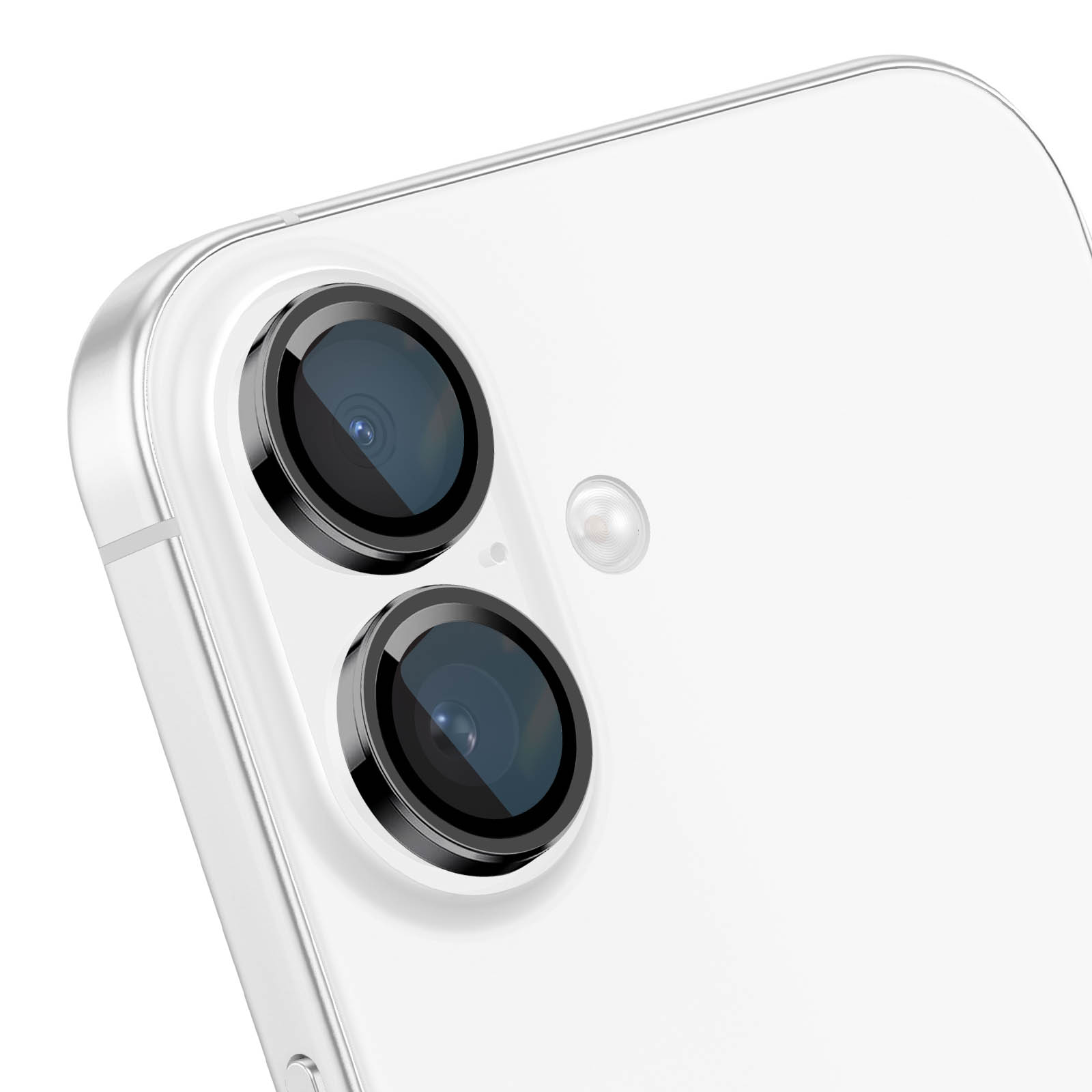 Primer plano de la parte trasera de un smartphone blanco con dos lentes de cámara verticales y un flash.