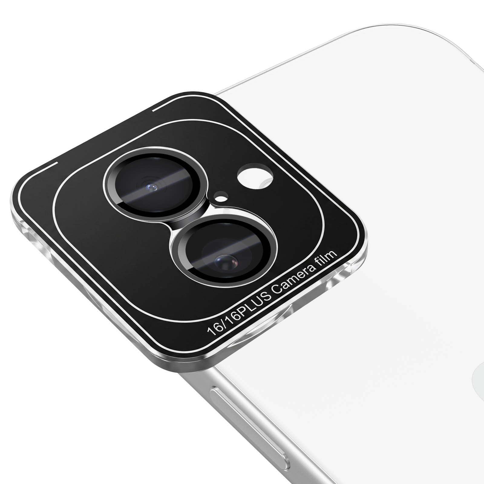 Primer plano de una cámara de smartphone con vidrio protector negro y dos lentes en la parte trasera blanca.