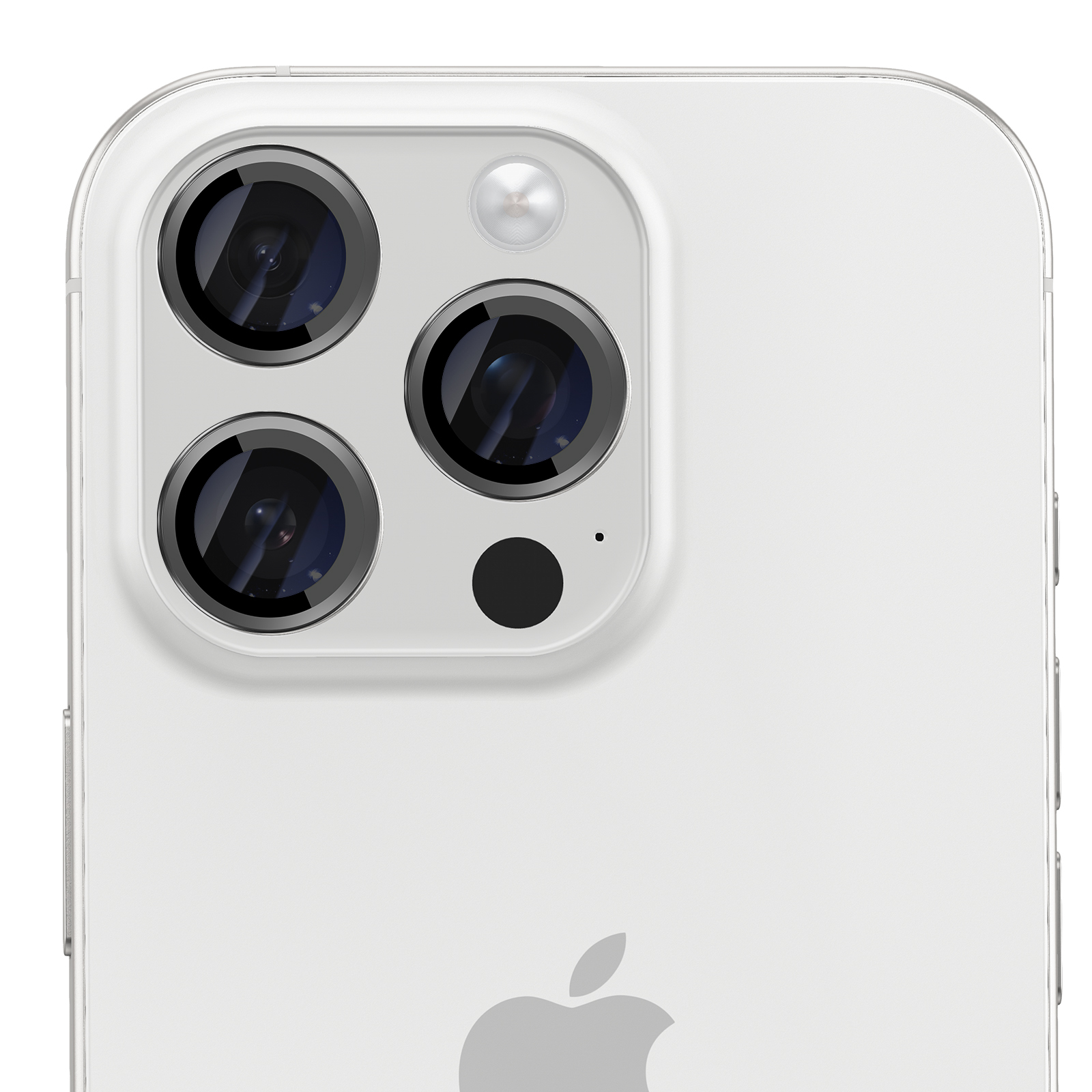 Primer plano de la parte trasera de un smartphone blanco con tres lentes de cámara y el logo de Apple.