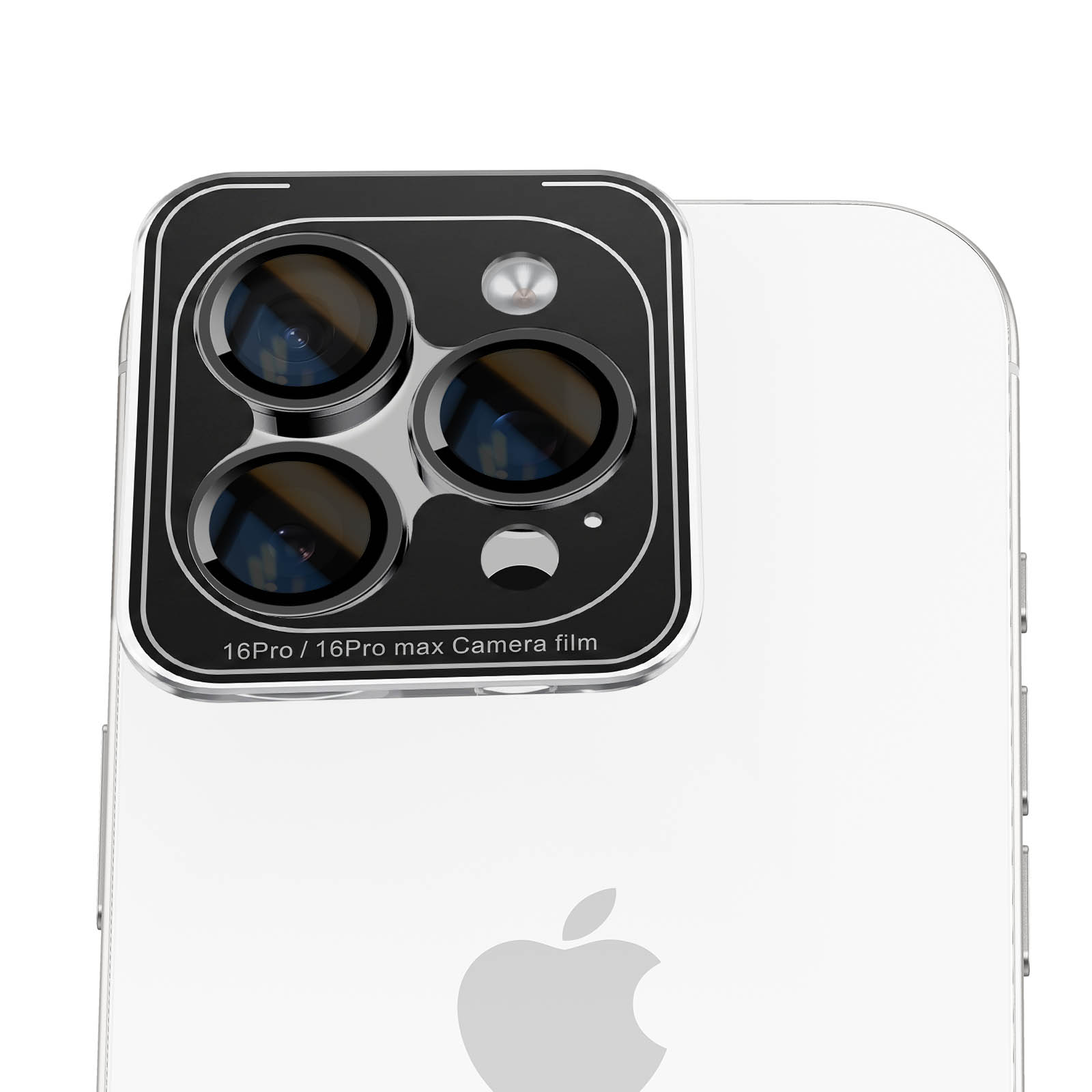 Smartphone blanco con módulo de tres cámaras y protector negro con la inscripción "16Pro / 16Pro max".