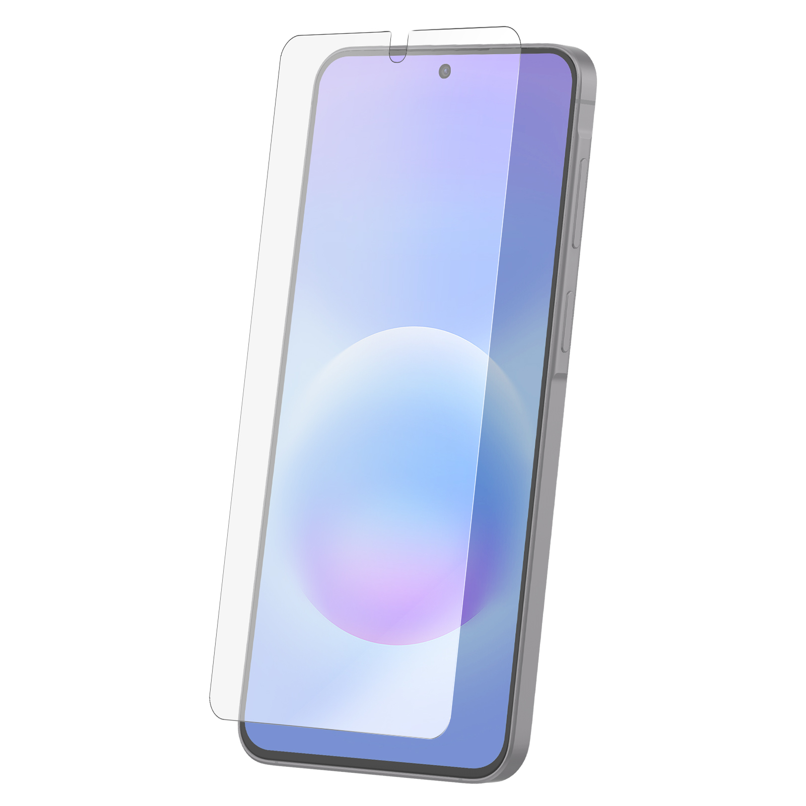 Un cristal protector transparente flota ligeramente sobre un smartphone moderno con pantalla azul.