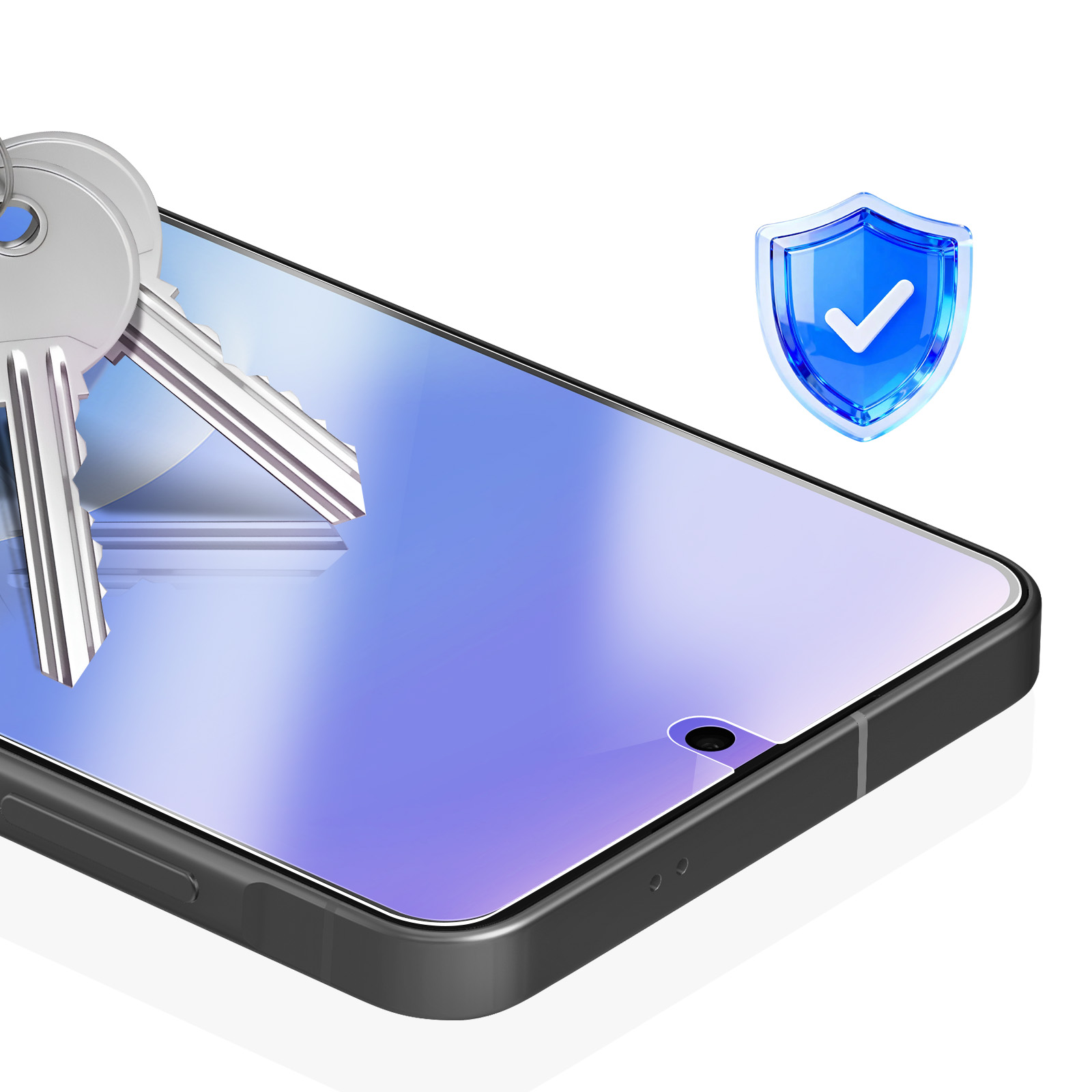 Un smartphone con llaves a la izquierda y un escudo de seguridad azul con una marca de verificación a la derecha.