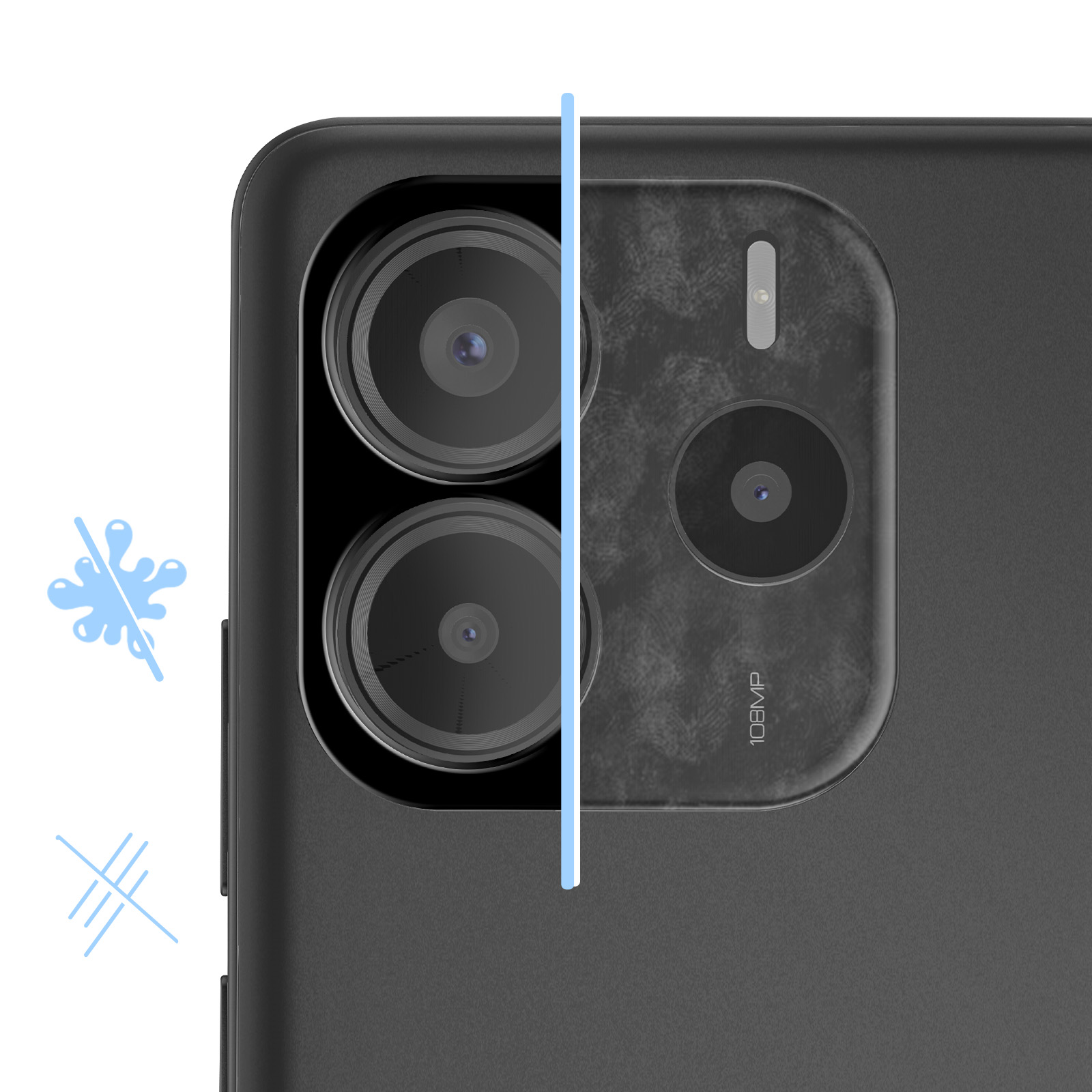 Parte trasera de smartphone con cámara e iconos de resistencia al agua y arañazos.