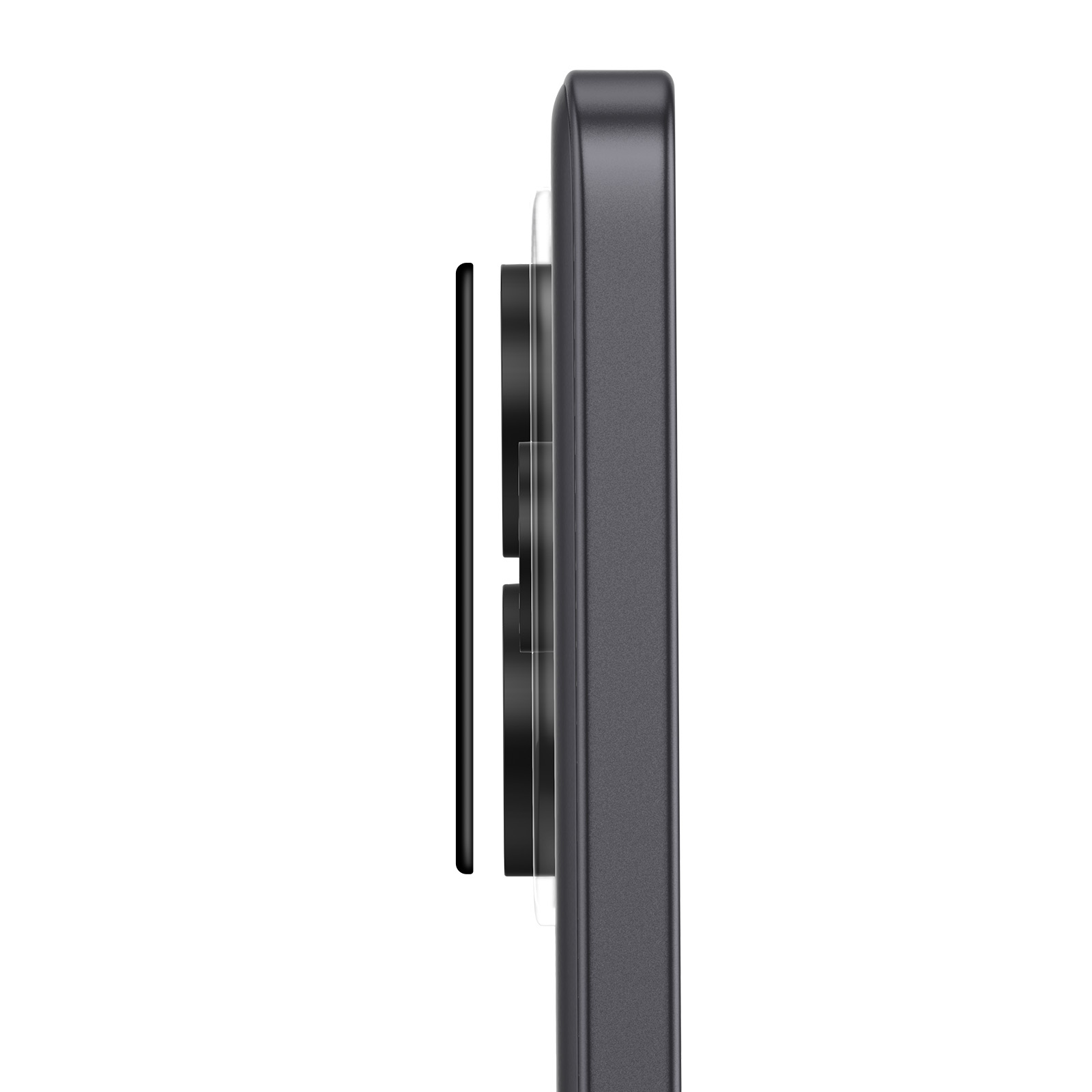 Vista lateral de un smartphone oscuro con una película protectora transparente sobre la cámara.