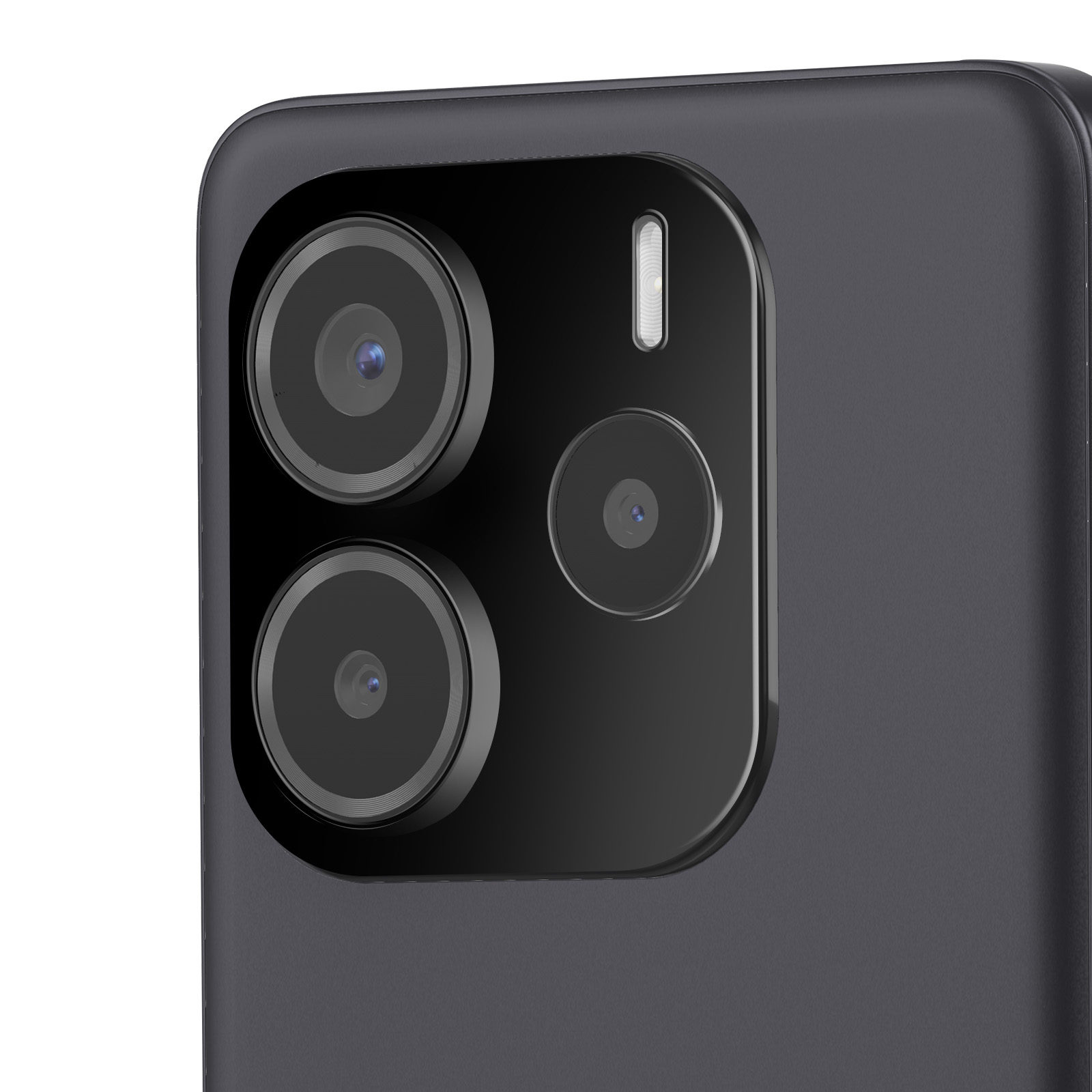 Primer plano de la parte trasera del smartphone negro, con tres lentes de cámara y un flash.