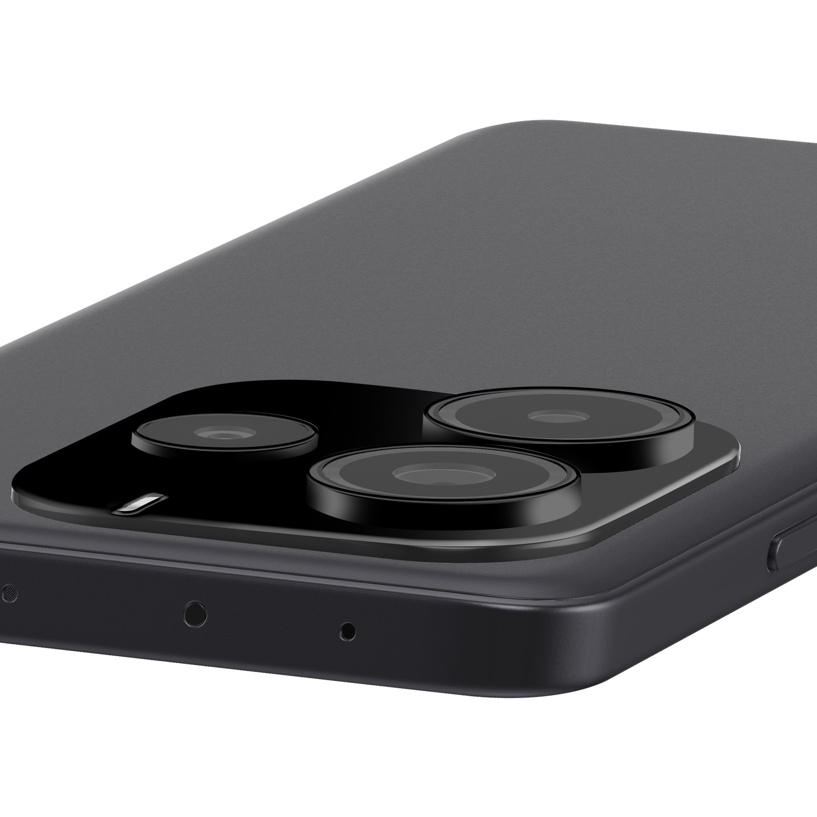 Parte trasera de un teléfono inteligente negro con tres lentes de cámara en diseño triangular sobre fondo blanco.