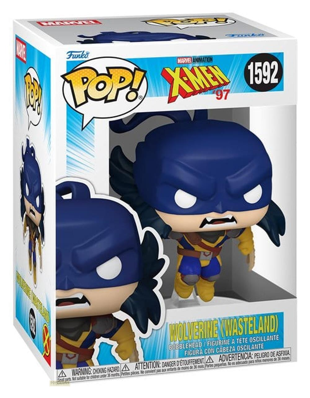 Una figura Funko Pop de Wolverine Wasteland en una caja azul y amarilla con el número 1592.