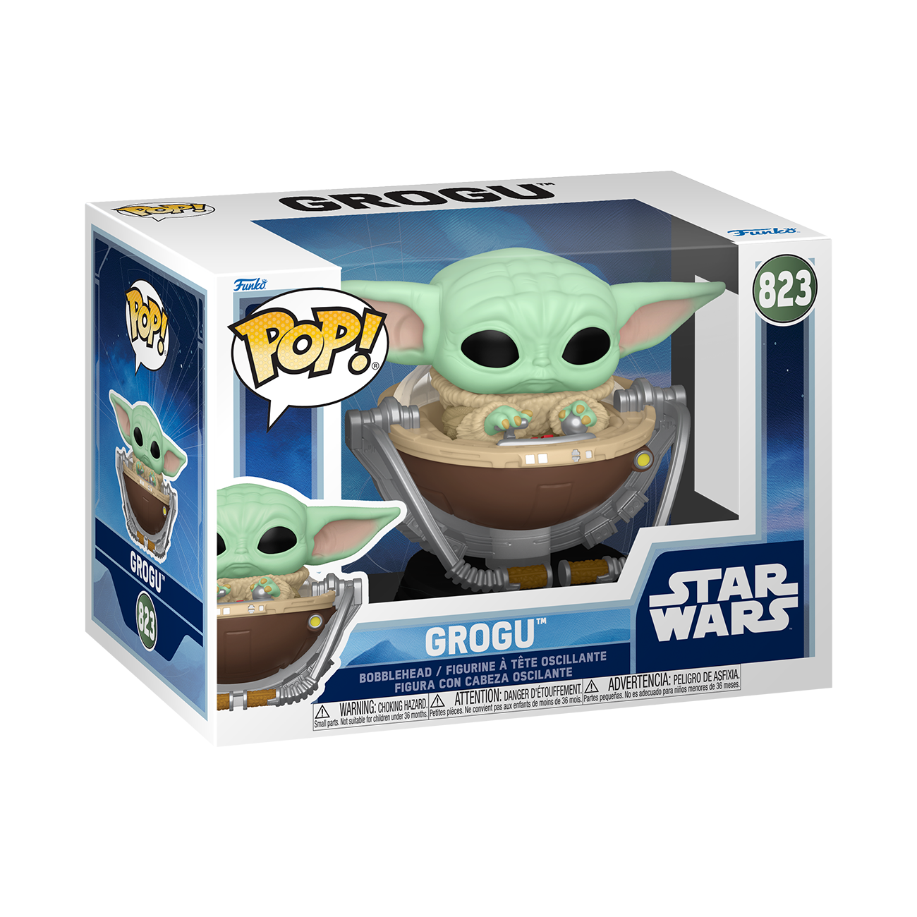 Figura Funko Pop! número 823 de Grogu en su cochecito flotante, dentro de su caja de colección.