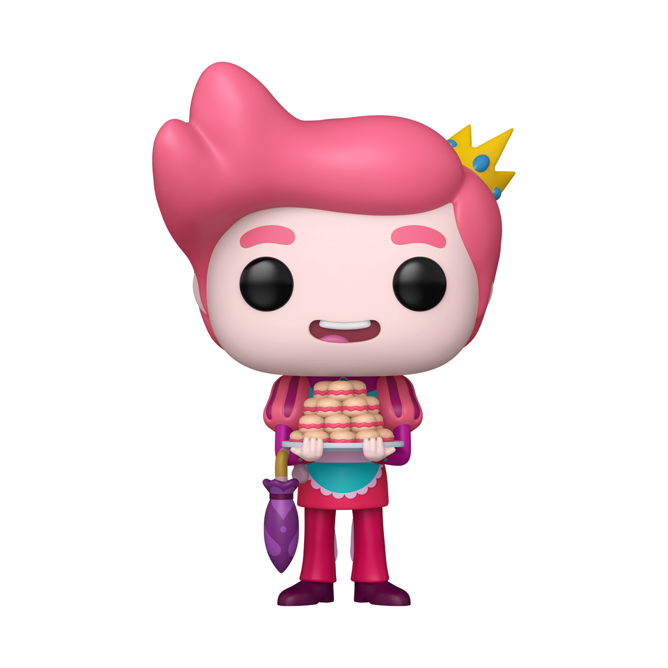Una figura de vinilo de Prince Gumball con cabello rosa, corona y traje rosa, sosteniendo una bandeja de pasteles.