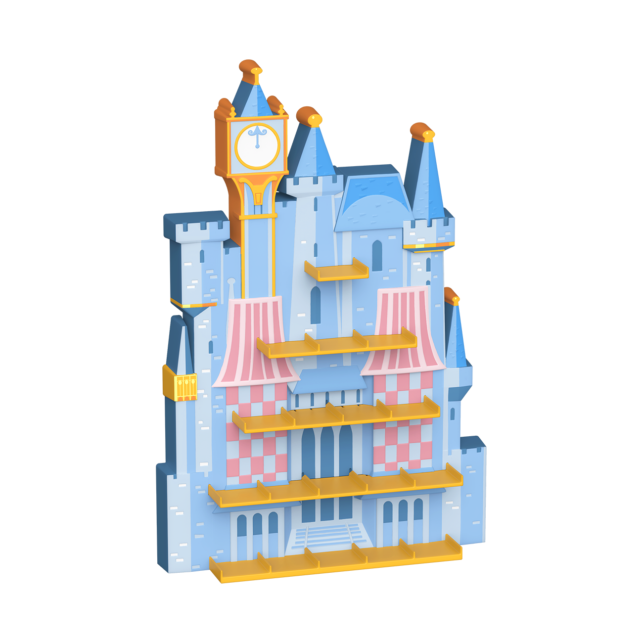 Estante de pared azul y rosa en forma de castillo de cuento con torre de reloj y estantes amarillos sobre fondo negro.