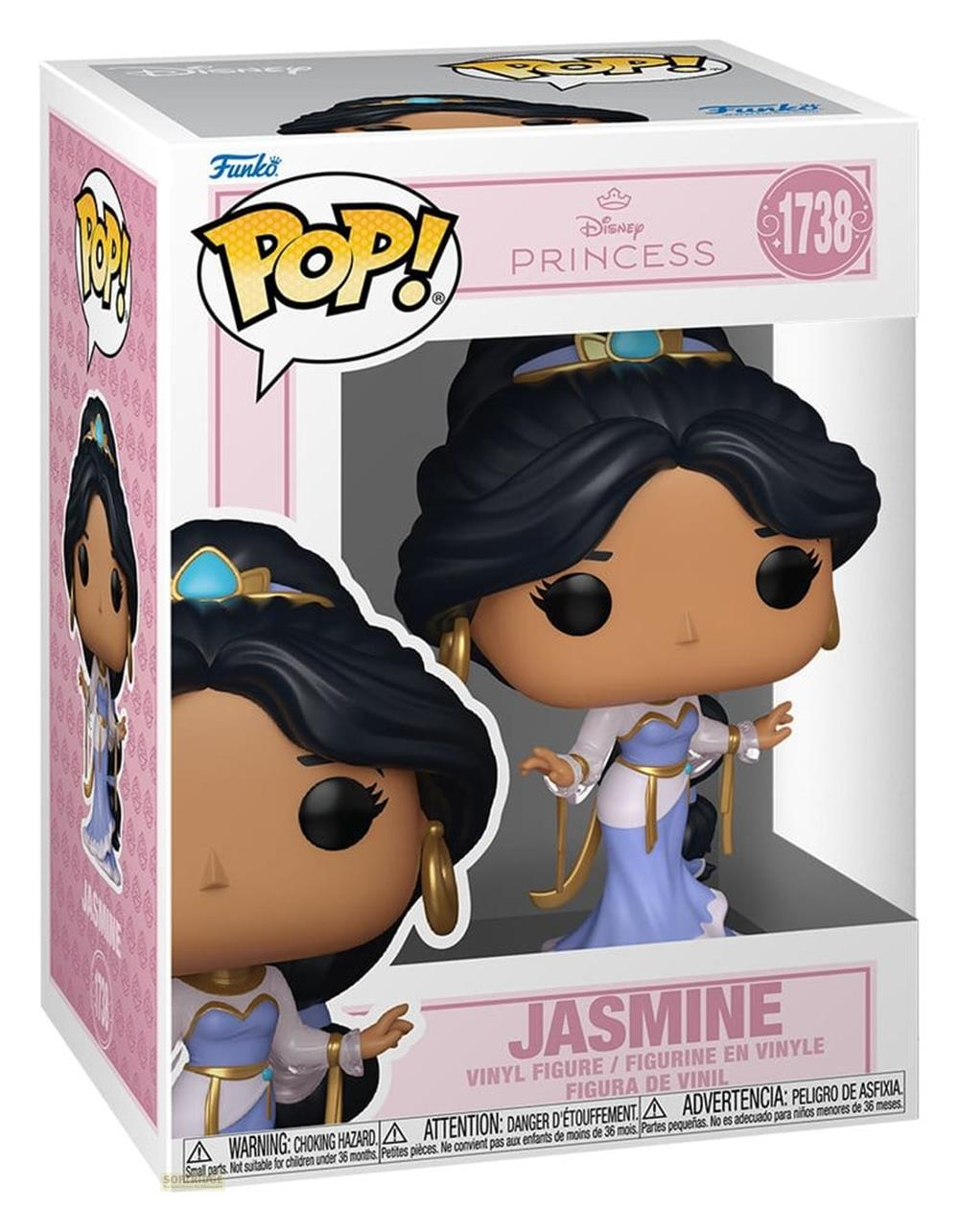 Una caja Funko Pop con una figura de vinilo de la Princesa Jasmine de Disney adentro, con su traje azul.