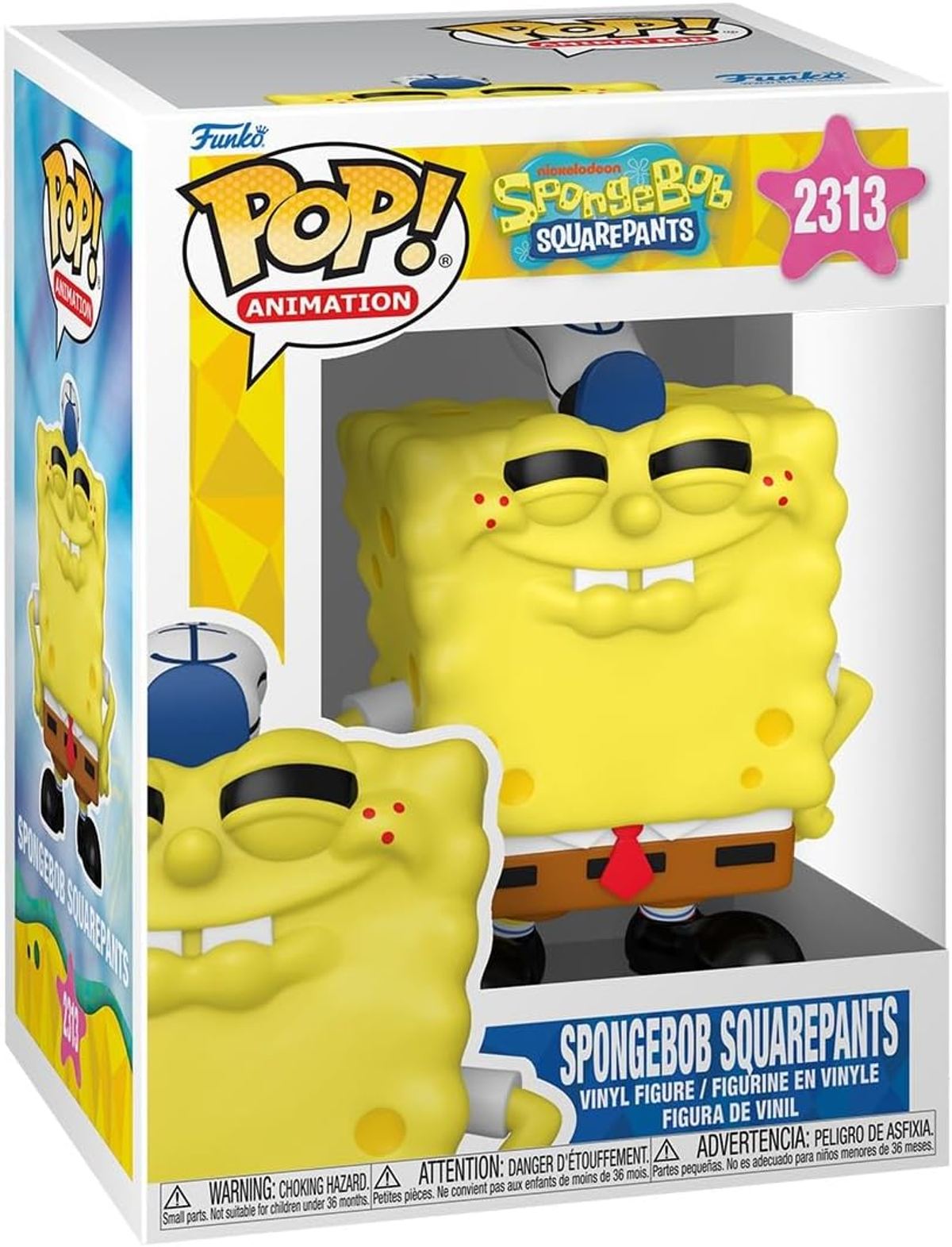 Figura de vinilo Funko Pop de Bob Esponja en su caja de coleccionista con sombrero azul y blanco.