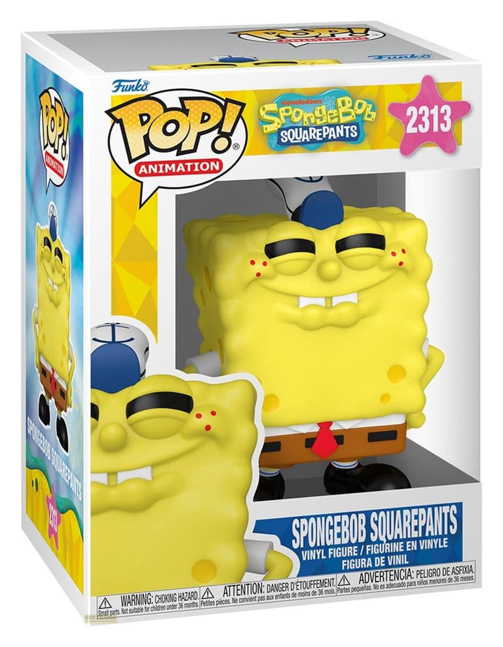 Figura Funko Pop! de Bob Esponja con gorra azul y corbata roja dentro de una caja de colección.