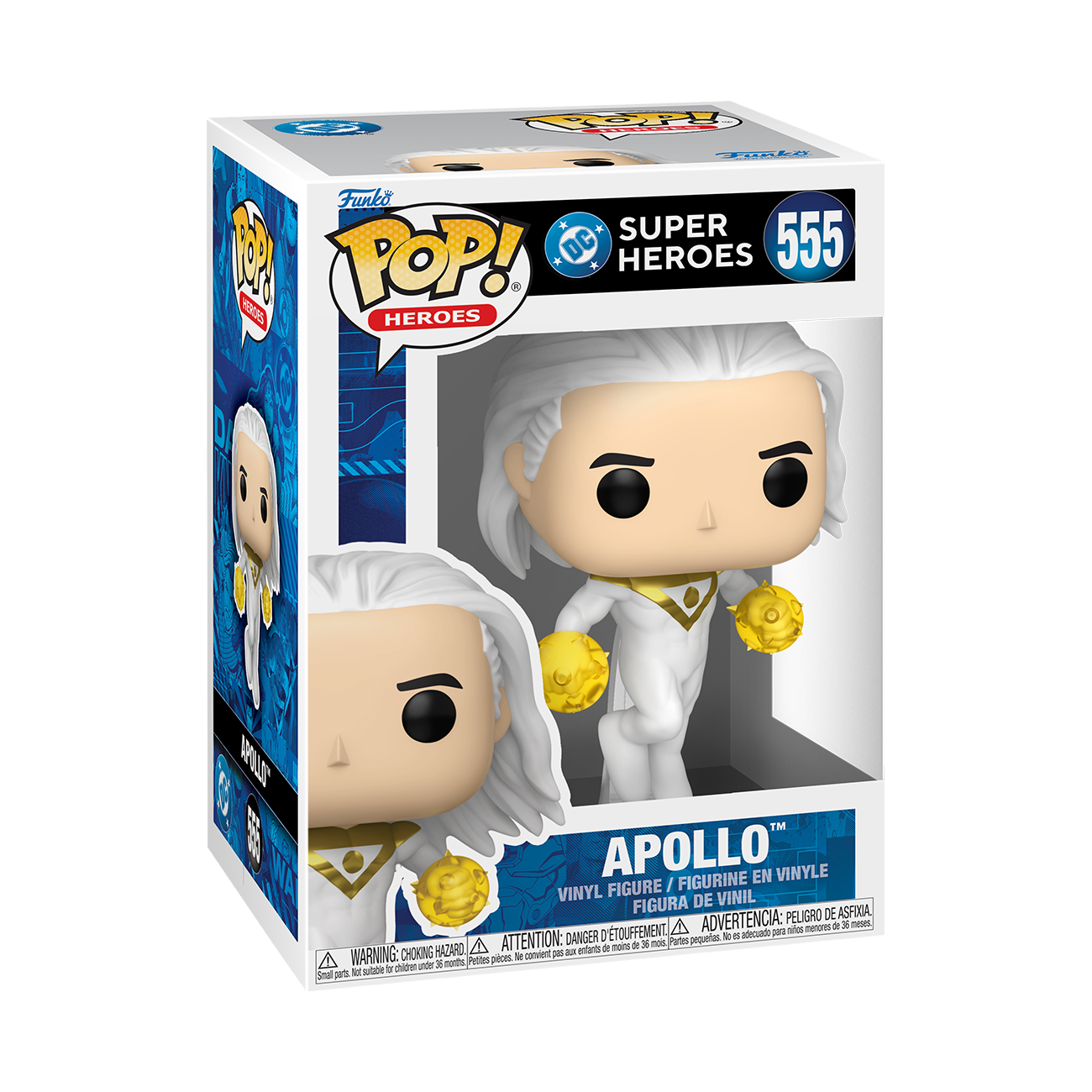 Figura de vinilo Funko Pop DC Super Heroes Apollo en su caja, con cabello blanco, traje blanco y orbes dorados.
