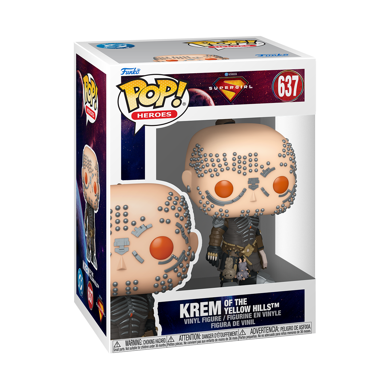 Figura de vinilo Pop Heroes Krem of the Yellow Hills en su caja.