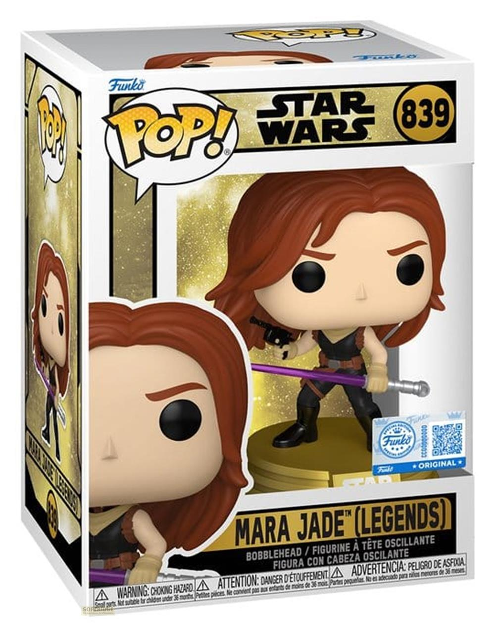 Figura Funko Pop! de Star Wars de Mara Jade en su caja original, sosteniendo un sable láser morado.