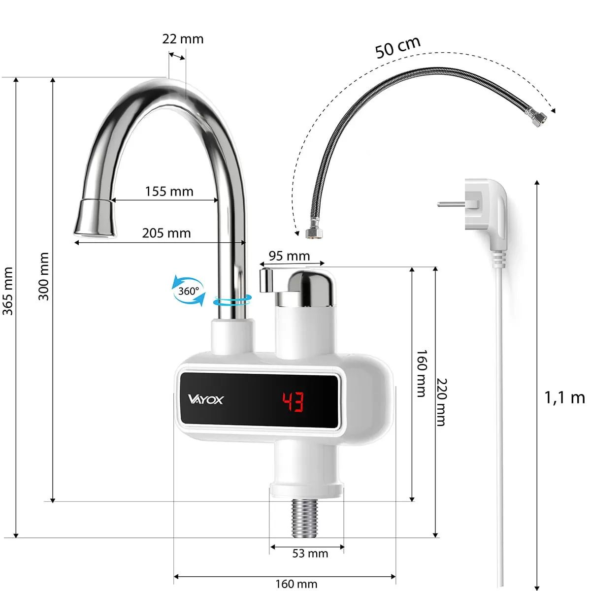 Rysunek techniczny elektrycznej baterii podgrzewającej wodę z wymiarami i wyświetlaczem.