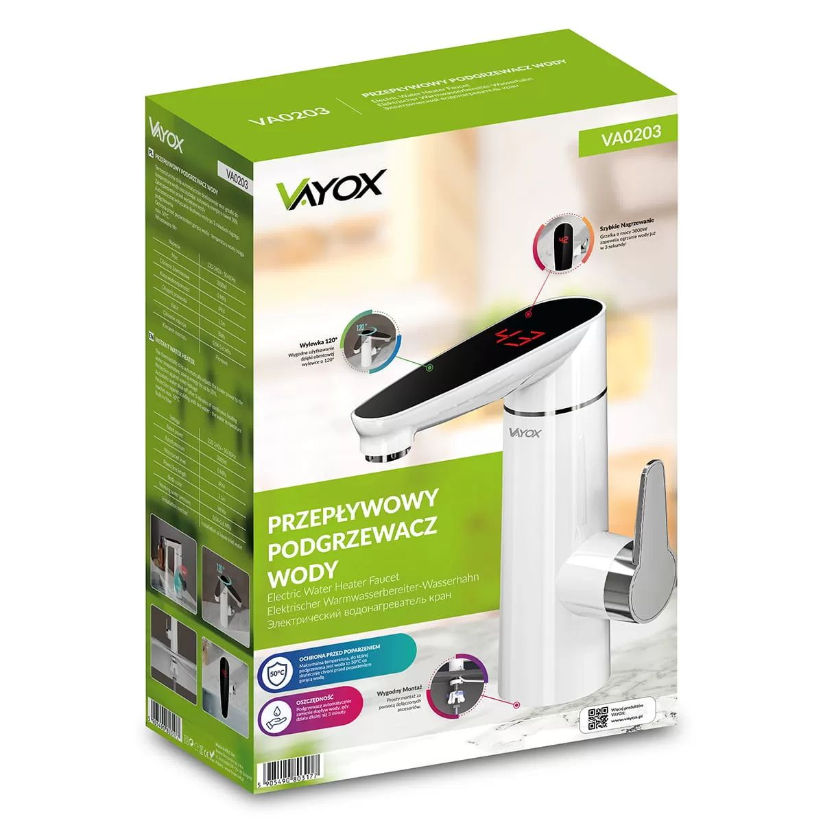 Opakowanie elektrycznego podgrzewacza wody Vayox z wbudowaną wylewką i cyfrowym wyświetlaczem.