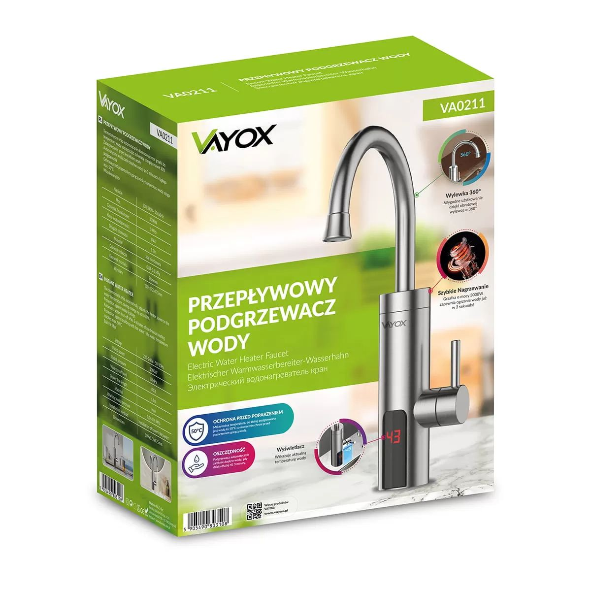 Opakowanie baterii termostatycznej Vayox ze zdjęciami produktu, specyfikacją i cechami w kolorze zielonym i białym.