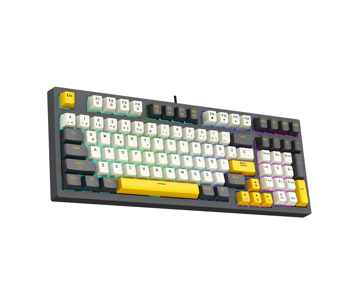 Gri, beyaz ve sarı tuş kapaklarına ve RGB arka aydınlatmaya sahip mekanik bir klavye.