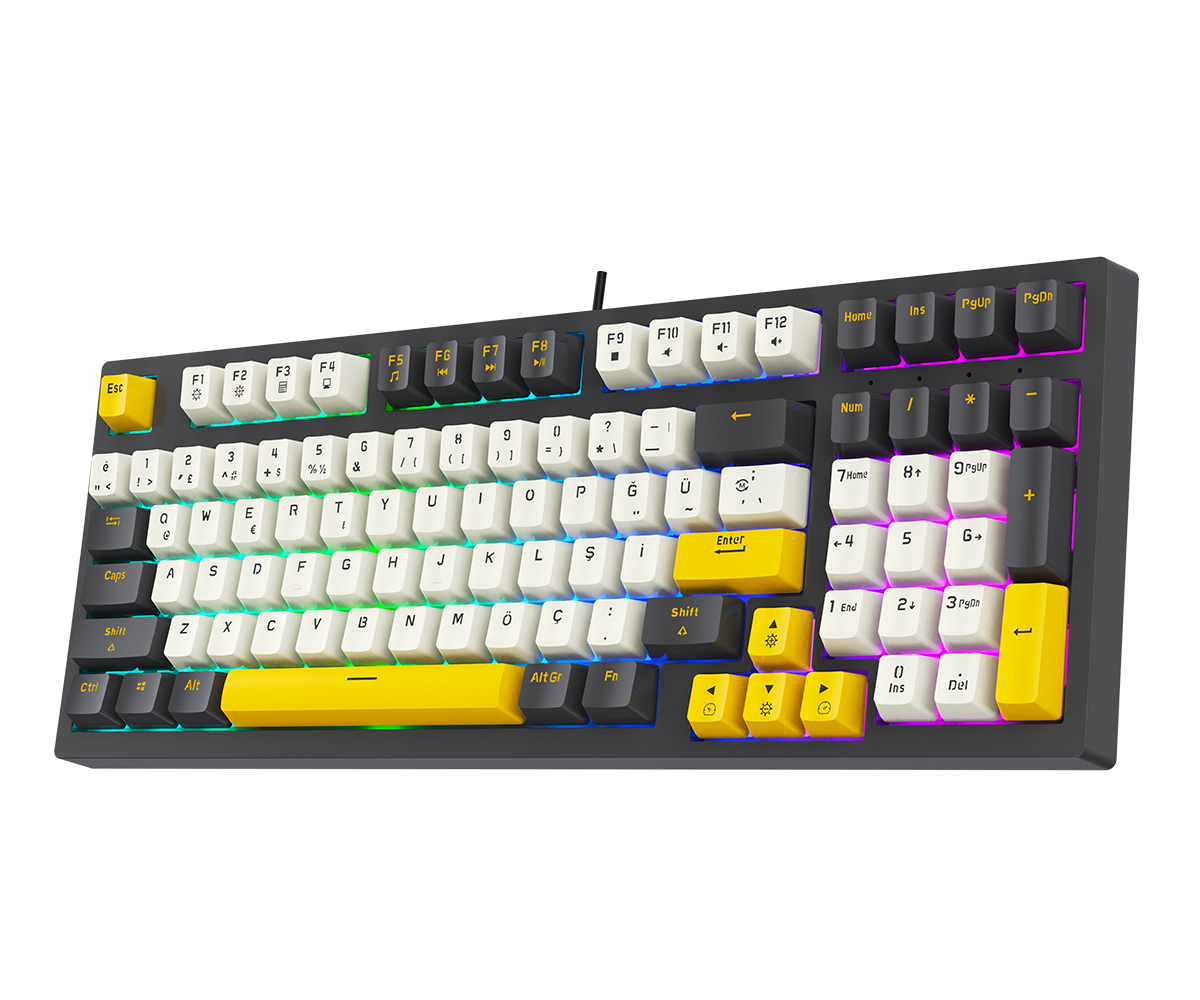 Sarı, beyaz ve koyu gri tuşlara ve RGB arka aydınlatmaya sahip mekanik klavye.