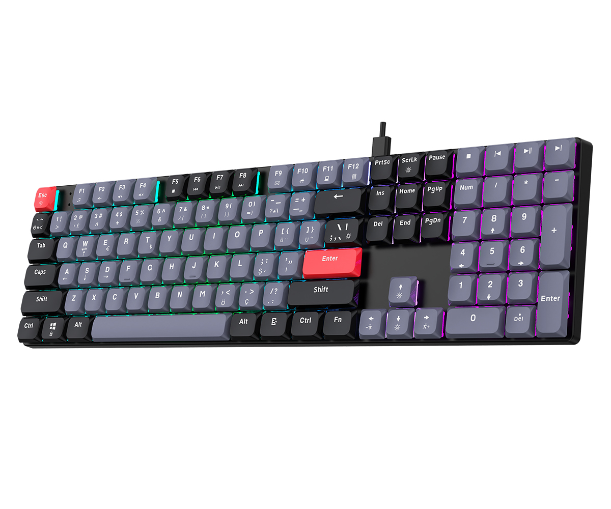 Gri tuş kapakları, canlı RGB aydınlatması ve kırmızı escape ile enter tuşları olan siyah mekanik klavye.