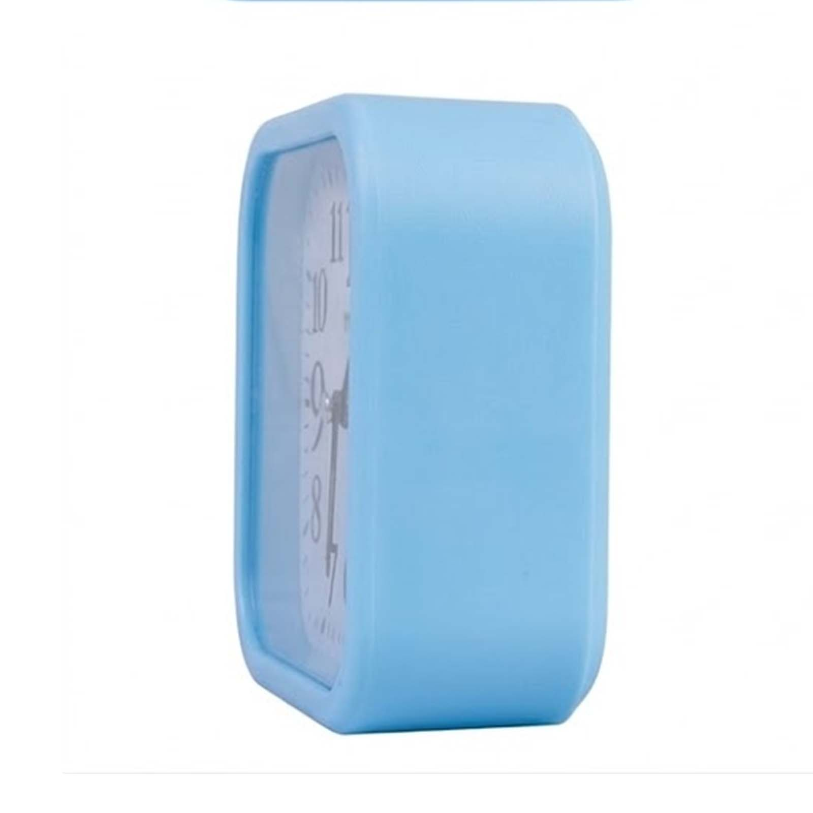 Un despertador rectangular azul con esquinas redondeadas sobre fondo blanco.