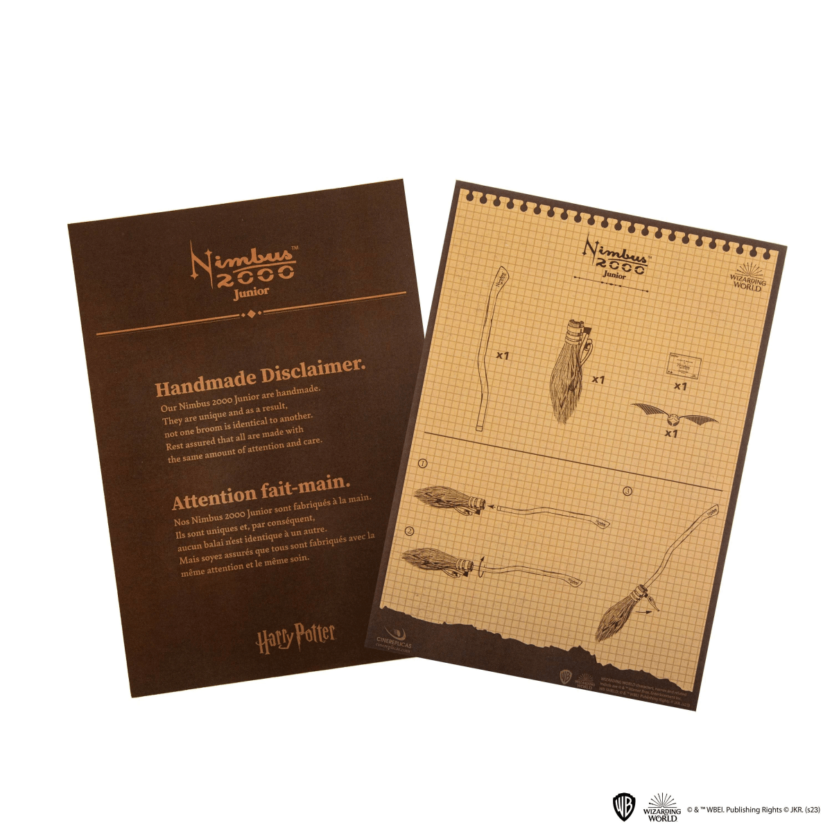 Deux documents bruns Harry Potter Nimbus 2000 Junior avec mentions de fabrication et schémas d'assemblage.