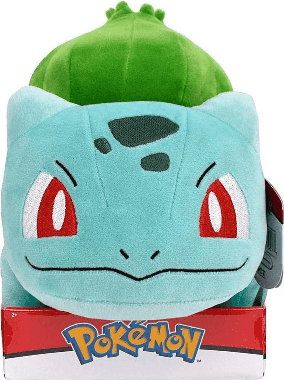 Ein türkisfarbener Bisasam-Plüsch mit großem grünen Knospen auf dem Rücken in einer Pokémon-Verpackung.