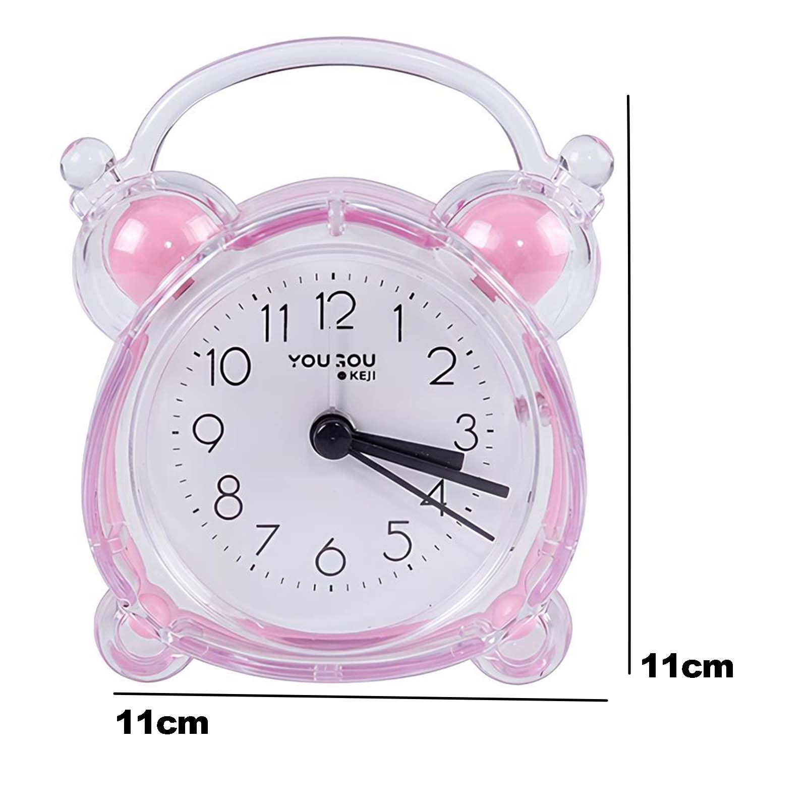 Despertador analógico rosa y transparente de 11 cm.