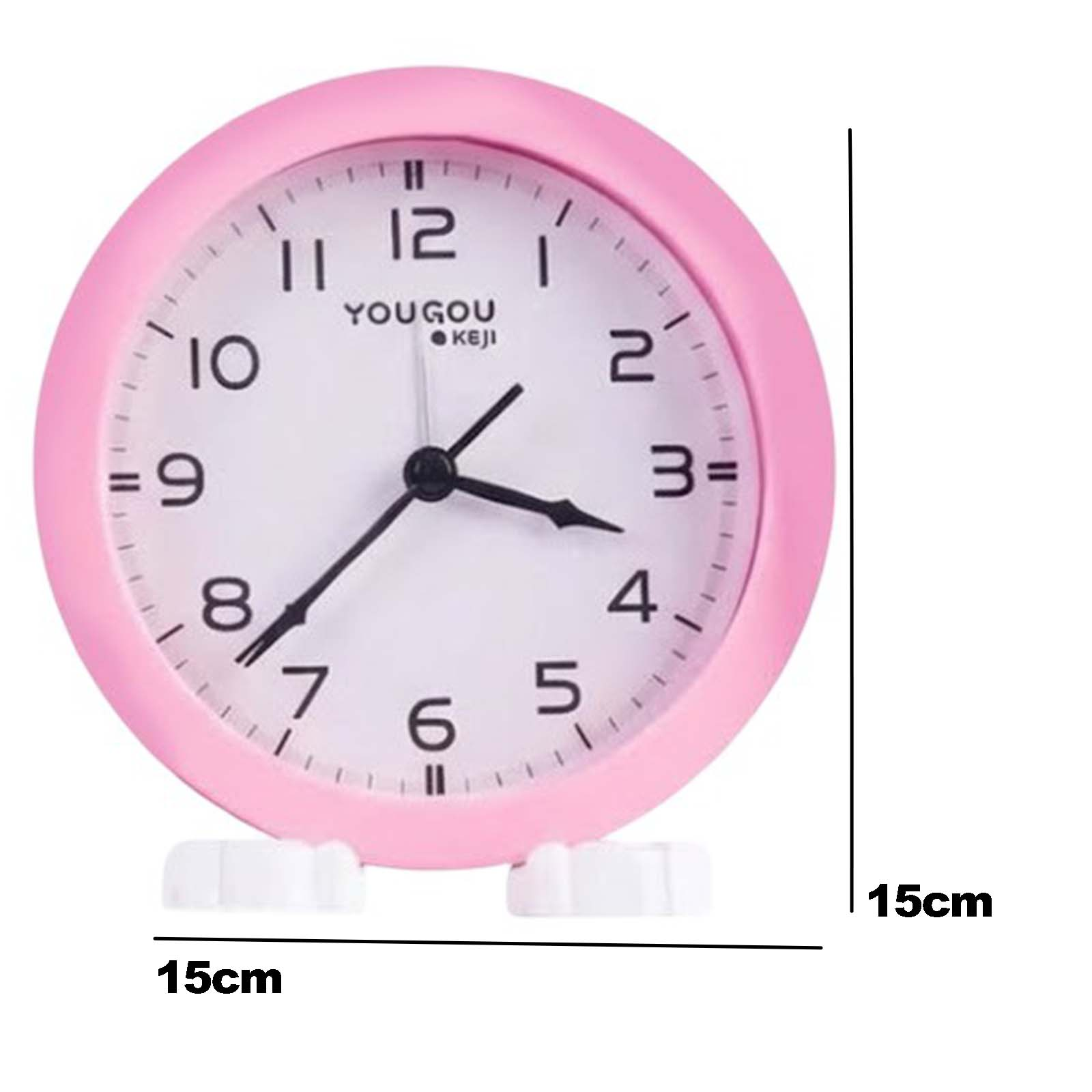 Reloj de pared rosa con esfera blanca y números negros, de 15x15 cm.