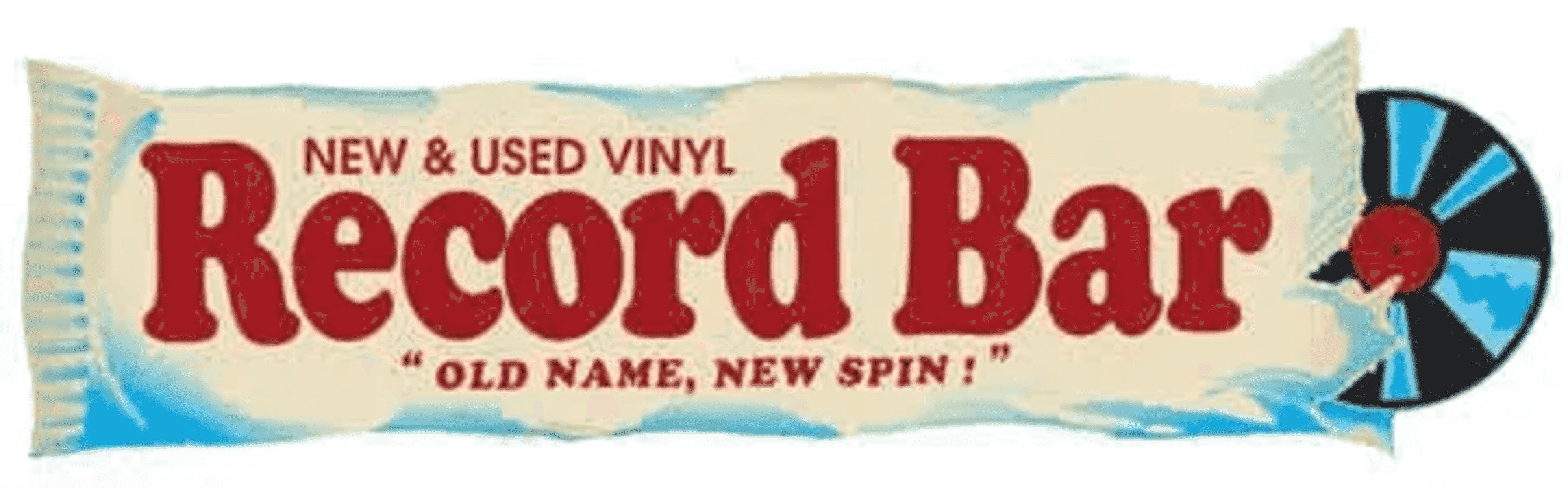 Logo für Record Bar, einem Plattenladen, in Form eines Riegelpapiers mit rotem Text und blauem Vinyl.
