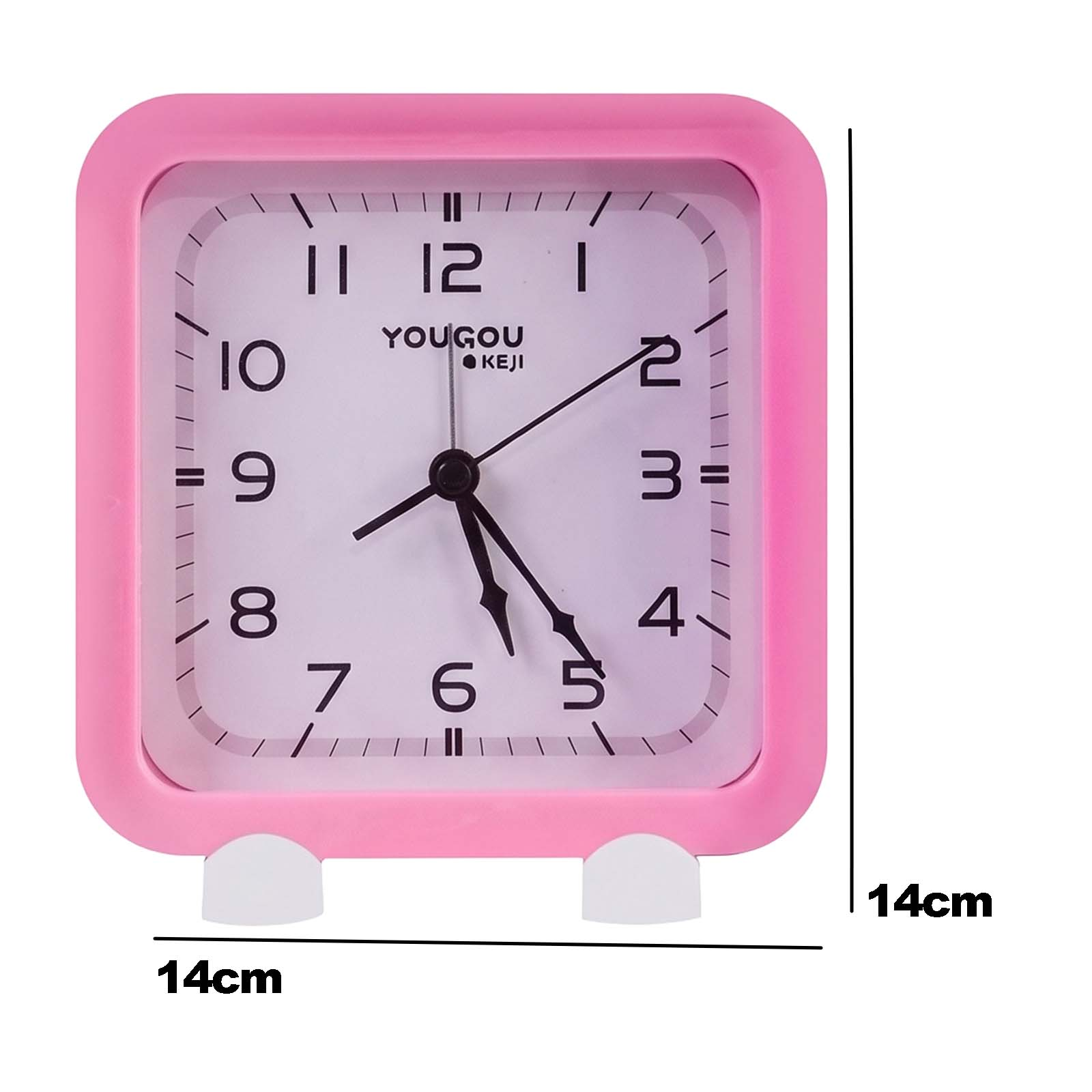 Despertador rosa cuadrado con esfera blanca, números negros y dimensiones de 14cm por 14cm.