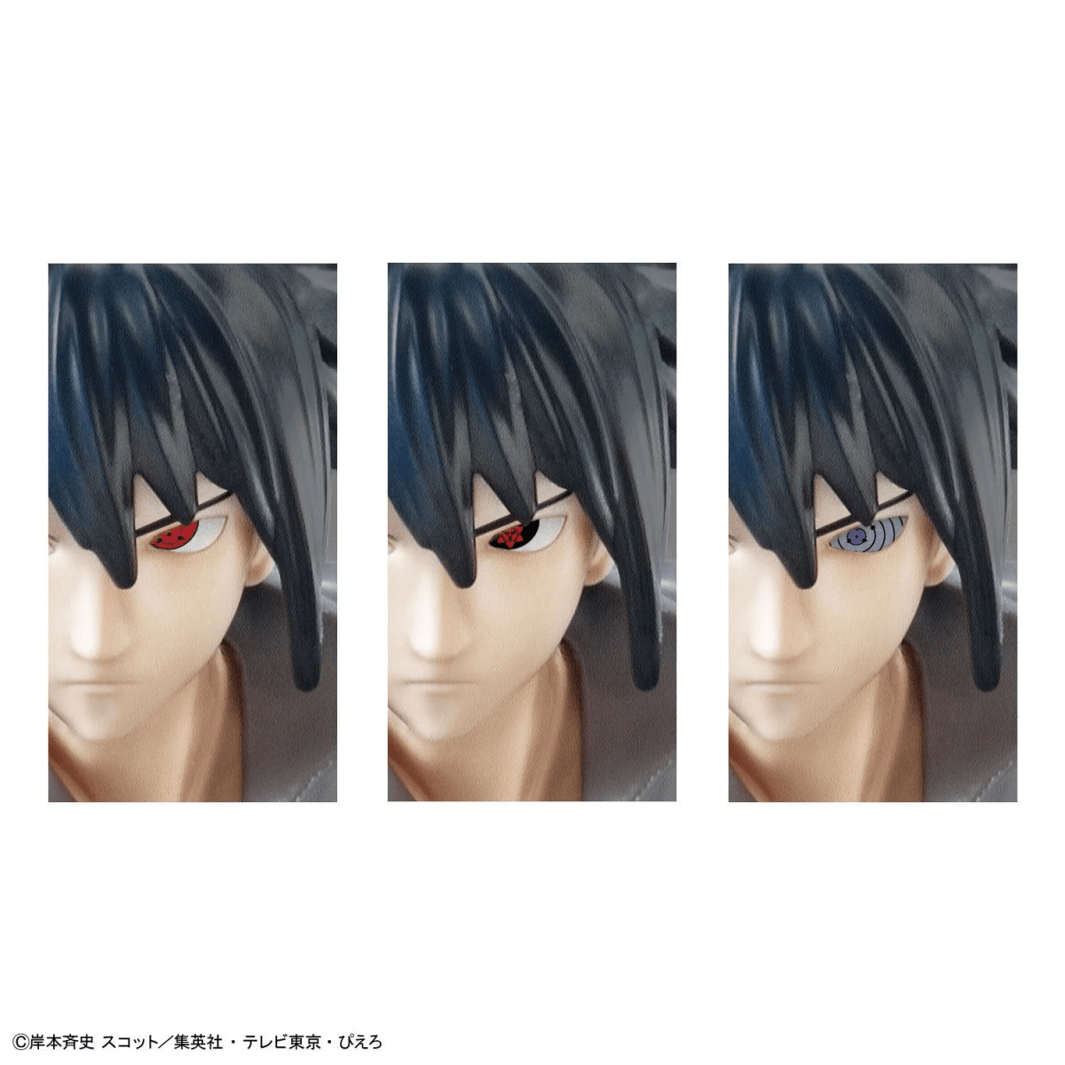 Drei Nahansichten einer Anime-Figur mit verschiedenen Augen: Sharingan, Mangekyo Sharingan und Rinnegan.