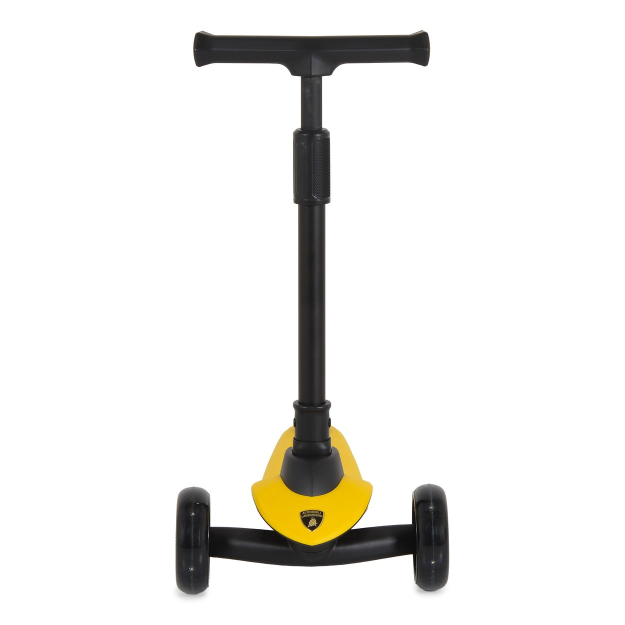 Ein gelb-schwarzer Kinderroller mit drei Rädern und verstellbarer Lenkstange vor weißem Hintergrund.