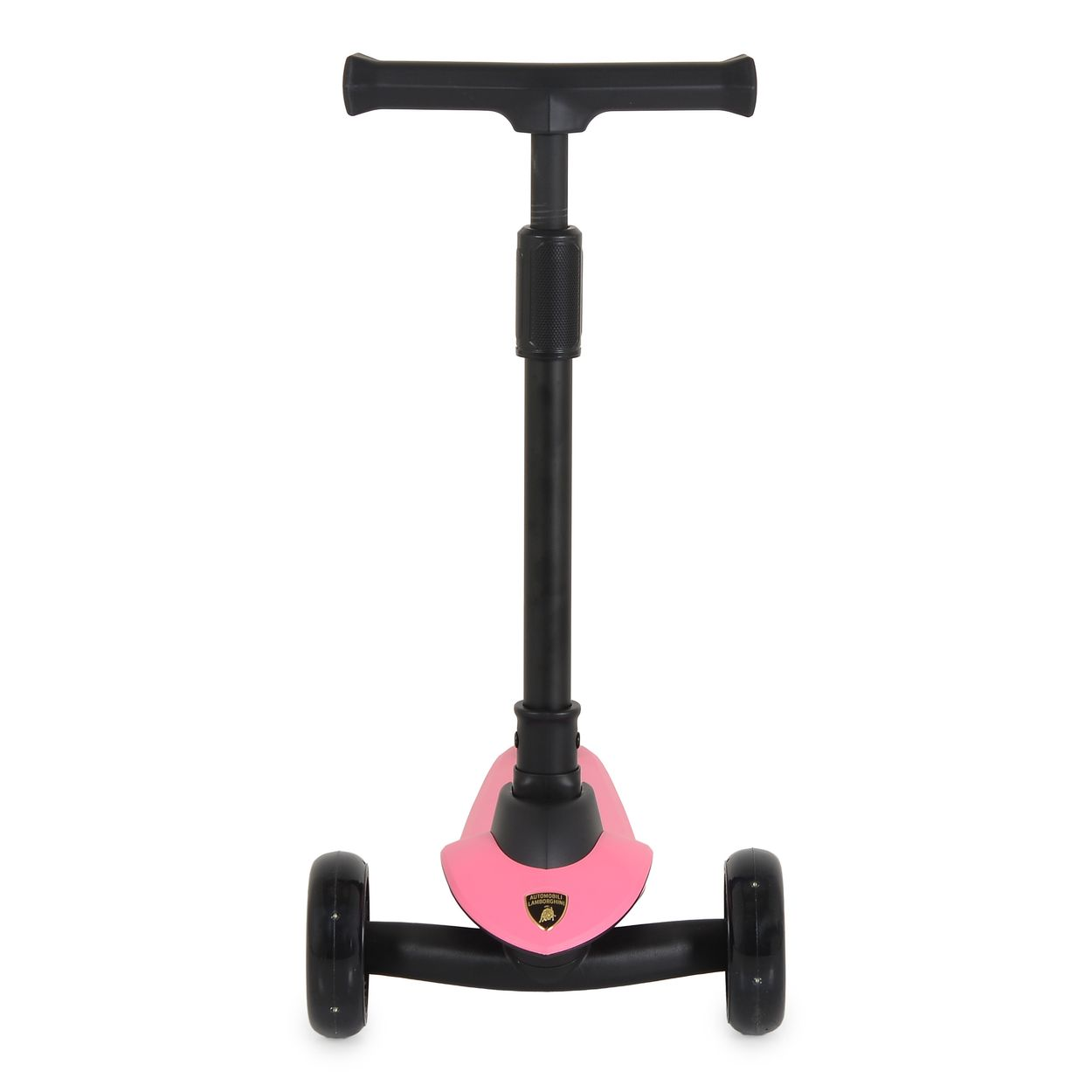 Ein rosafarbener Kinderroller mit drei schwarzen Rädern und T-Stange vor weißem Hintergrund.