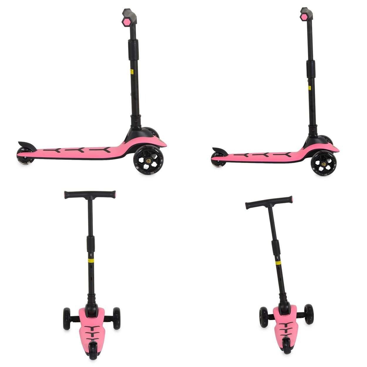 Ein pink-schwarzer Dreirad-Tretroller mit verstellbarem Lenker und zwei Vorderrädern in verschiedenen Ansichten.