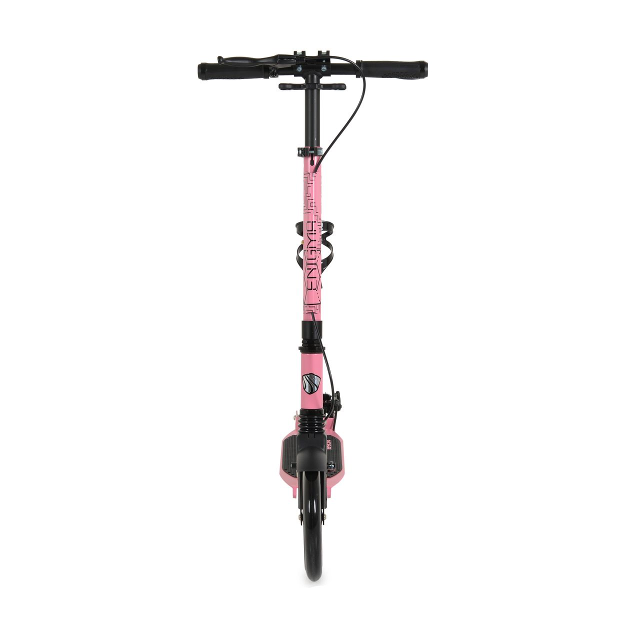Ein pinker Tretroller von vorne, mit schwarzem Lenker und Reifen, vor weißem Hintergrund.