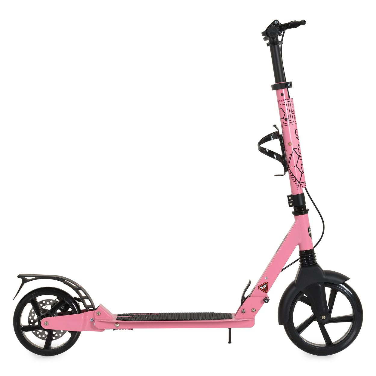 Ein pinkfarbener Roller mit schwarzen Rädern und Lenker vor weißem Hintergrund.