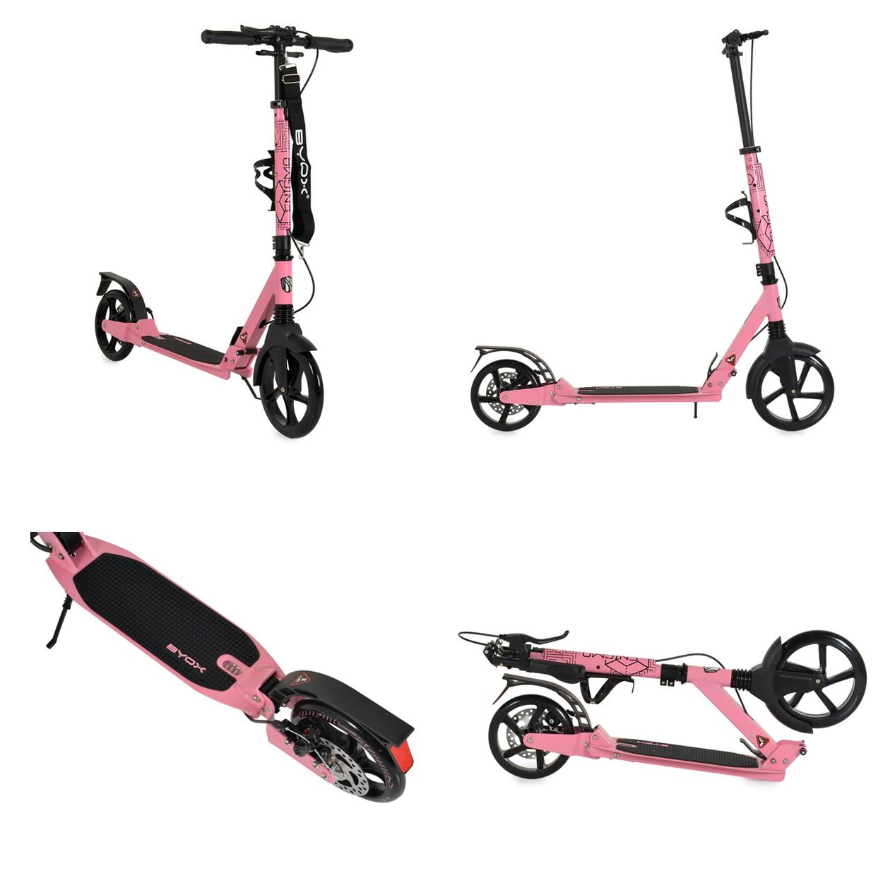 Ein rosa Tretroller mit schwarzen Rädern und Griffen aus vier verschiedenen Perspektiven auf weißem Hintergrund.