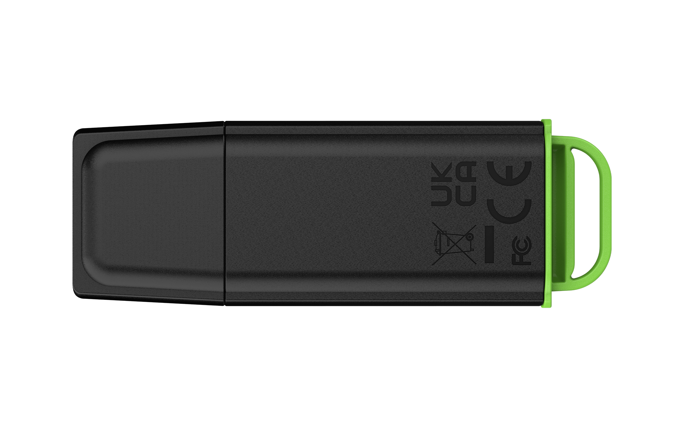 Beyaz arka planda yeşil kenarlı ve kapaklı siyah USB bellek.