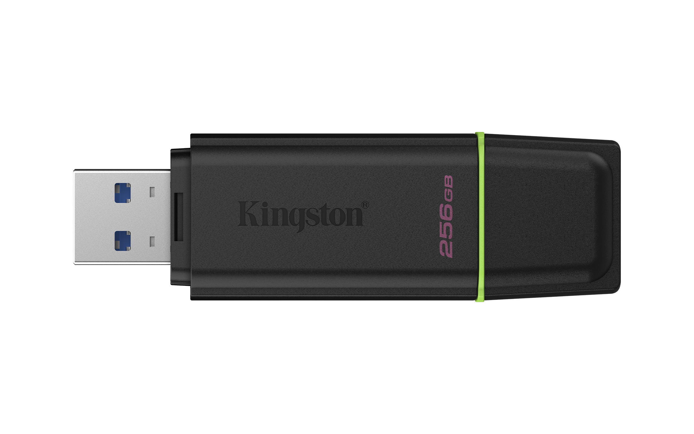 Beyaz arka planda yeşil halkalı ve gümüş konnektörlü siyah bir Kingston 256GB USB bellek.