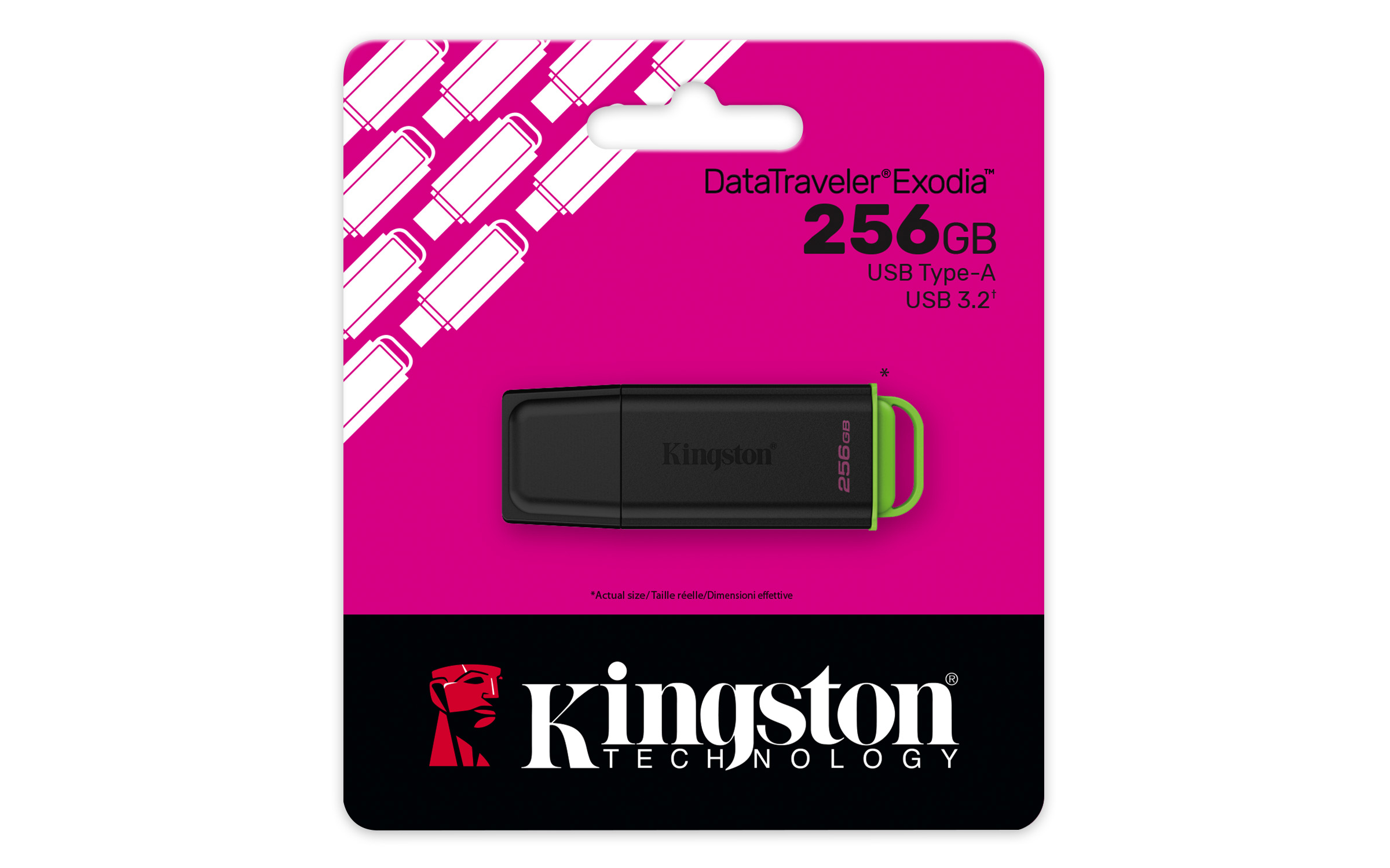 Pembe ve siyah ambalaj üzerinde siyah ve yeşil renkli Kingston DataTraveler Exodia 256GB USB bellek.