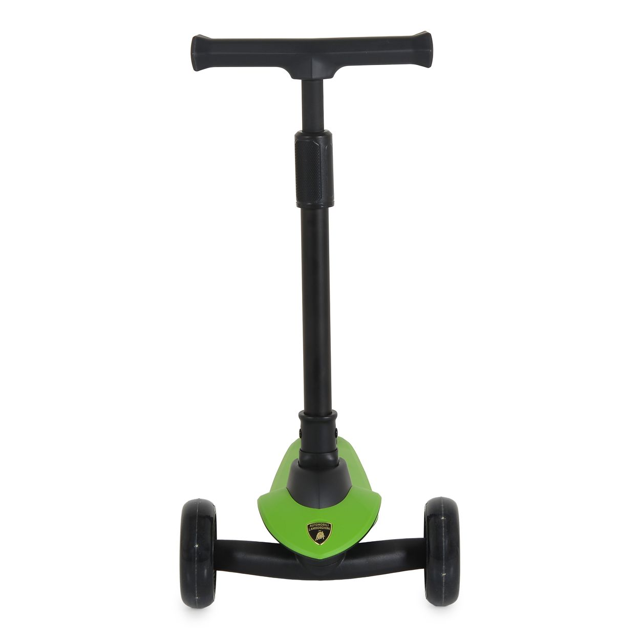 Ein grüner Kinderroller mit schwarzem Lenker und drei Rädern vor weißem Hintergrund.