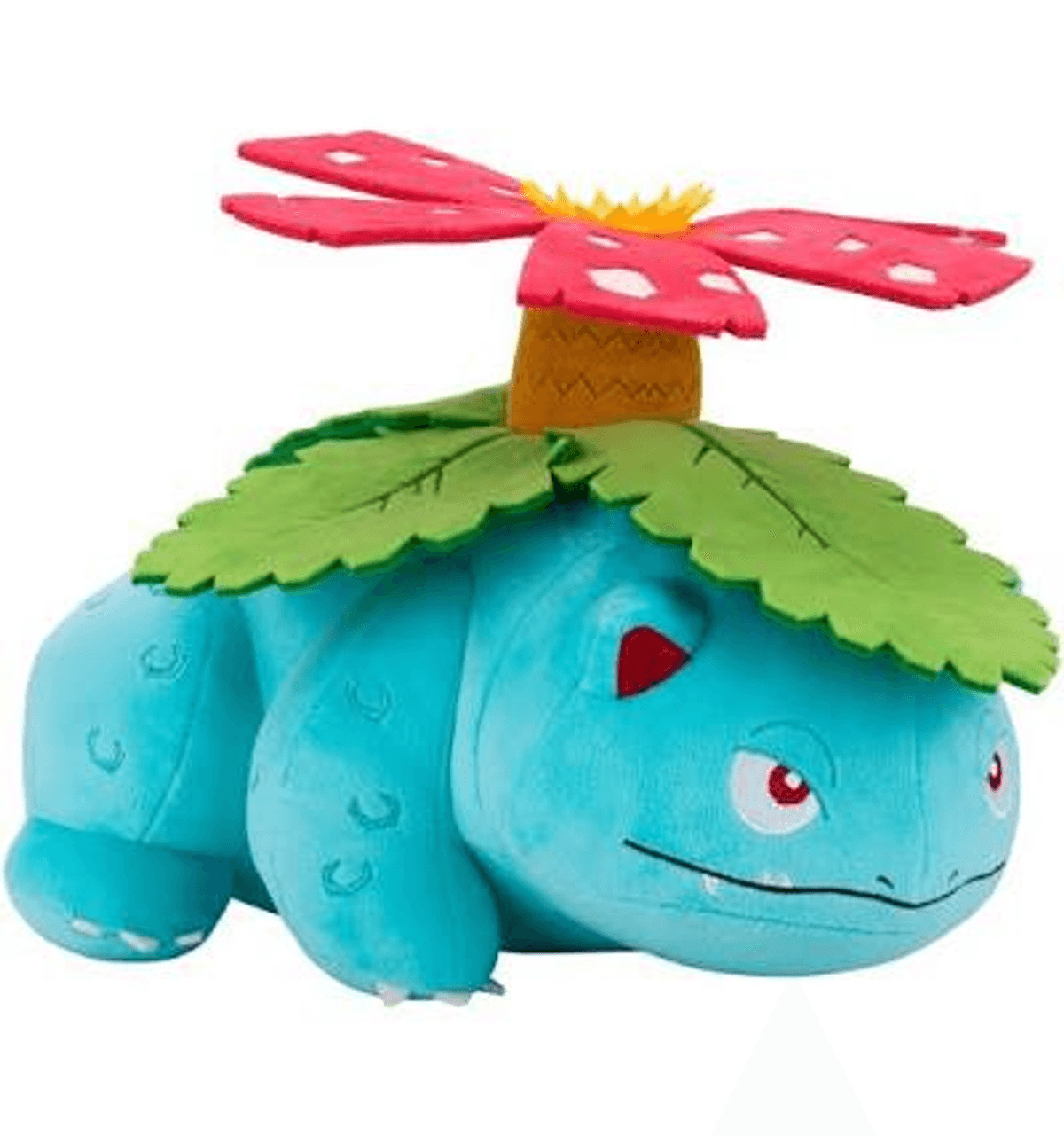 Ein Plüschtier des blauen Pokémon Bisaknosp mit großen grünen Blättern und einer rosa Blume auf dem Rücken.