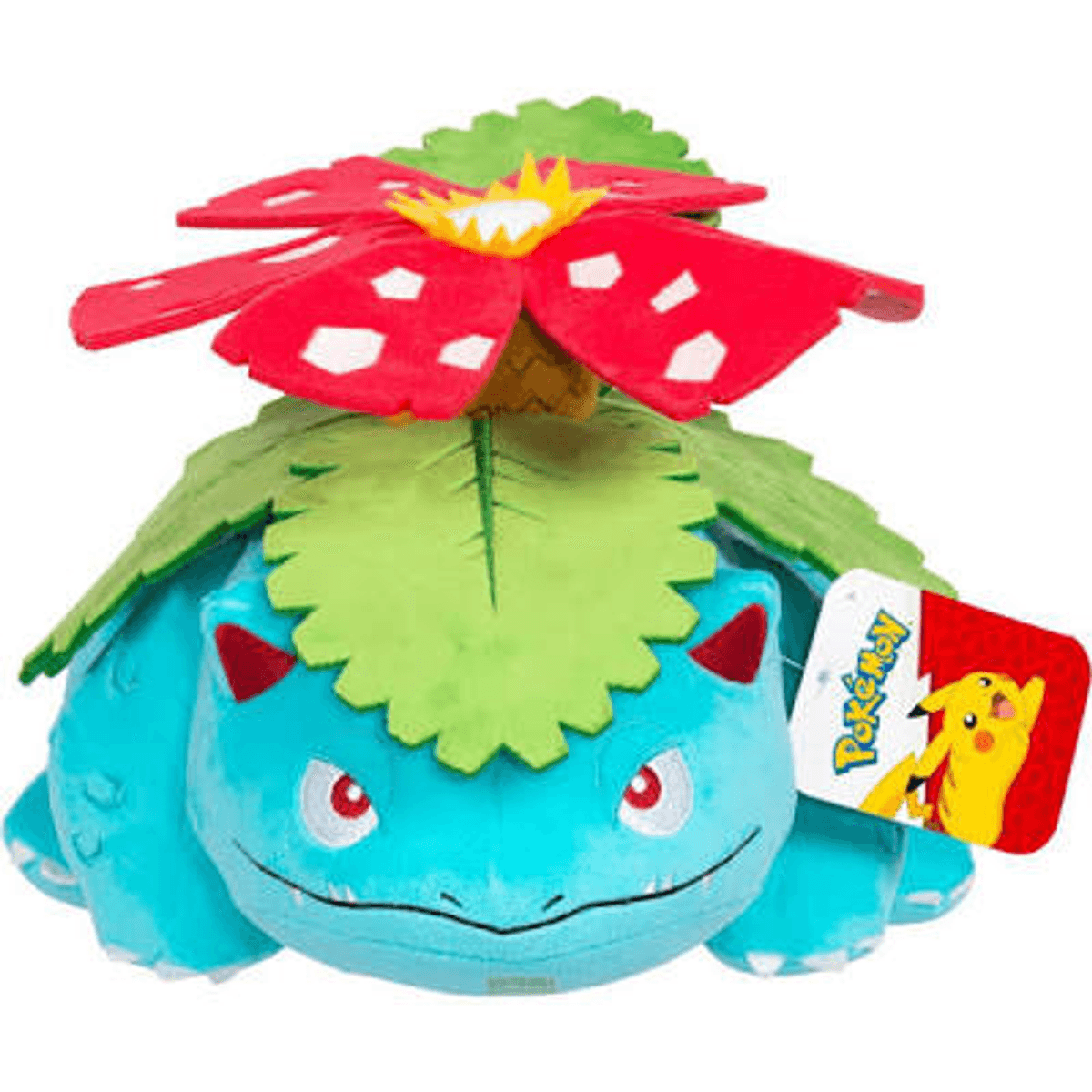 Ein Plüschtier des blauen Pokémon Bisaflor mit einer großen rot-weißen Blume auf dem Rücken.
