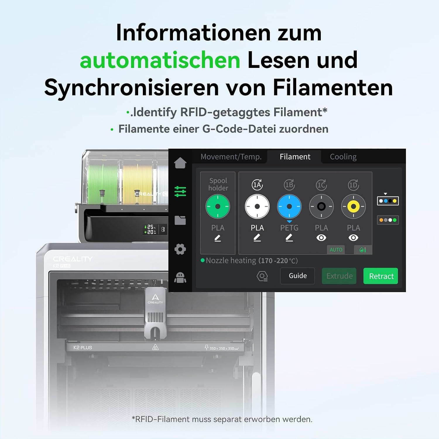 Impresora 3D con pantalla táctil para reconocimiento y sincronización automática de filamentos.
