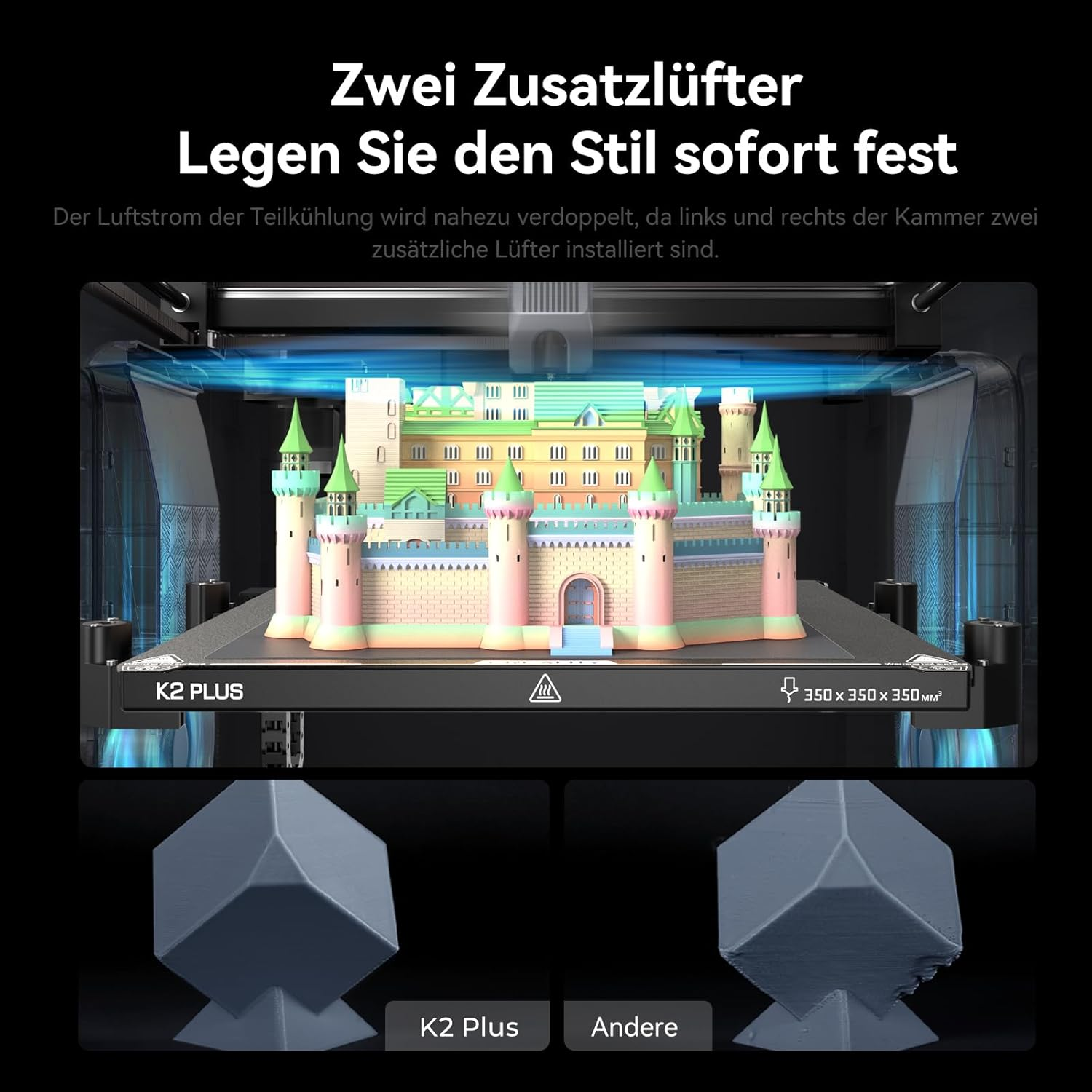Impresora 3D imprime un castillo colorido con ventiladores auxiliares dobles.