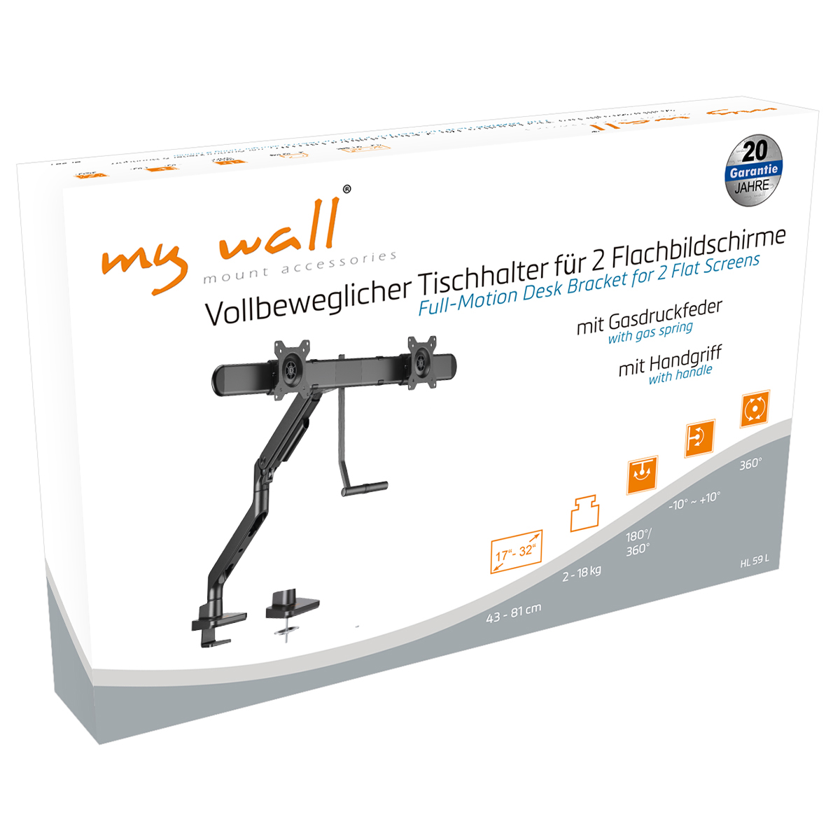 Produktverpackung eines my wall Tischhalters für zwei Bildschirme mit Gasdruckfeder.